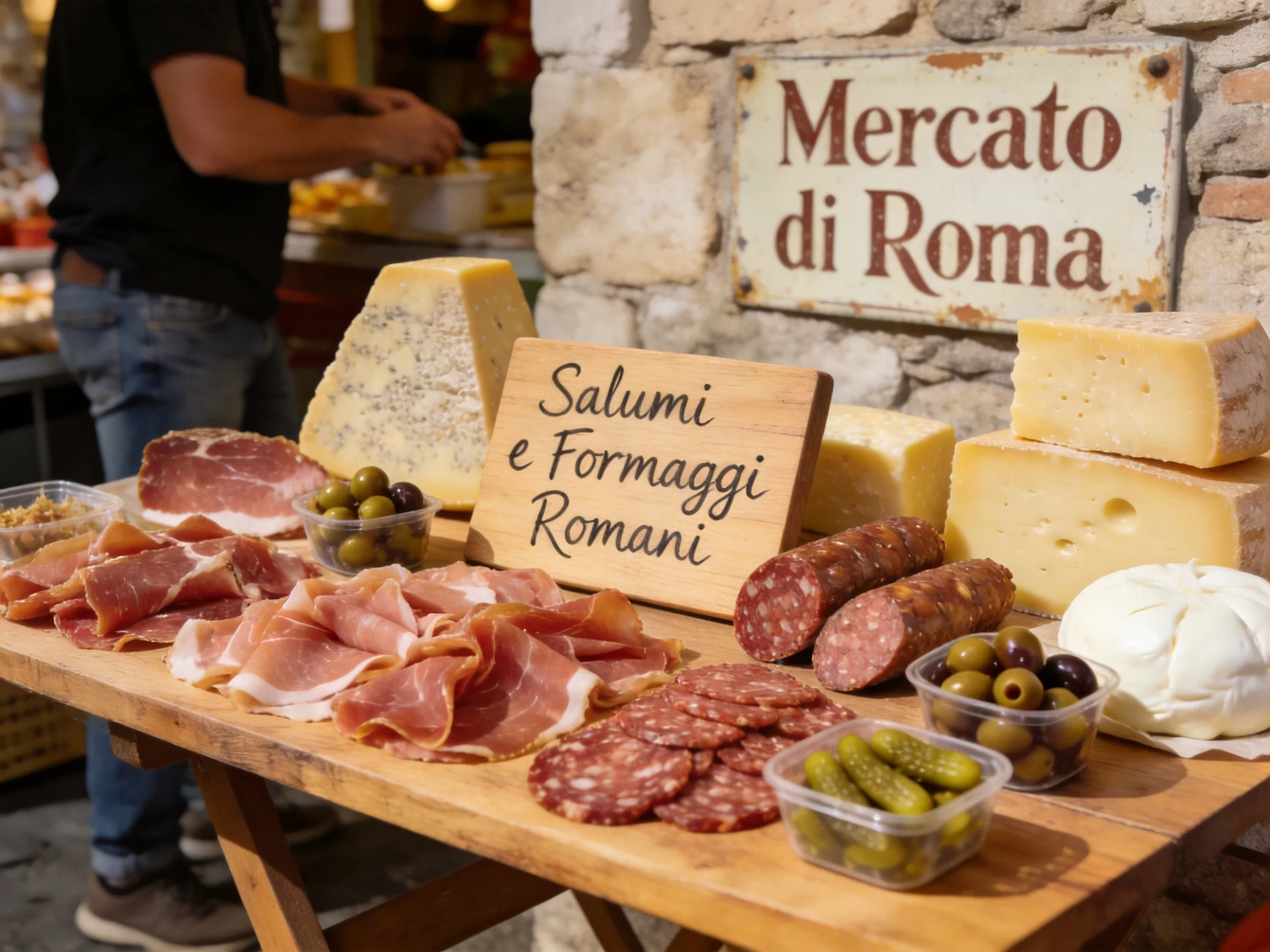 A wooden board presents Roman cheeses, salumi, olives, and pickles by a stone wall