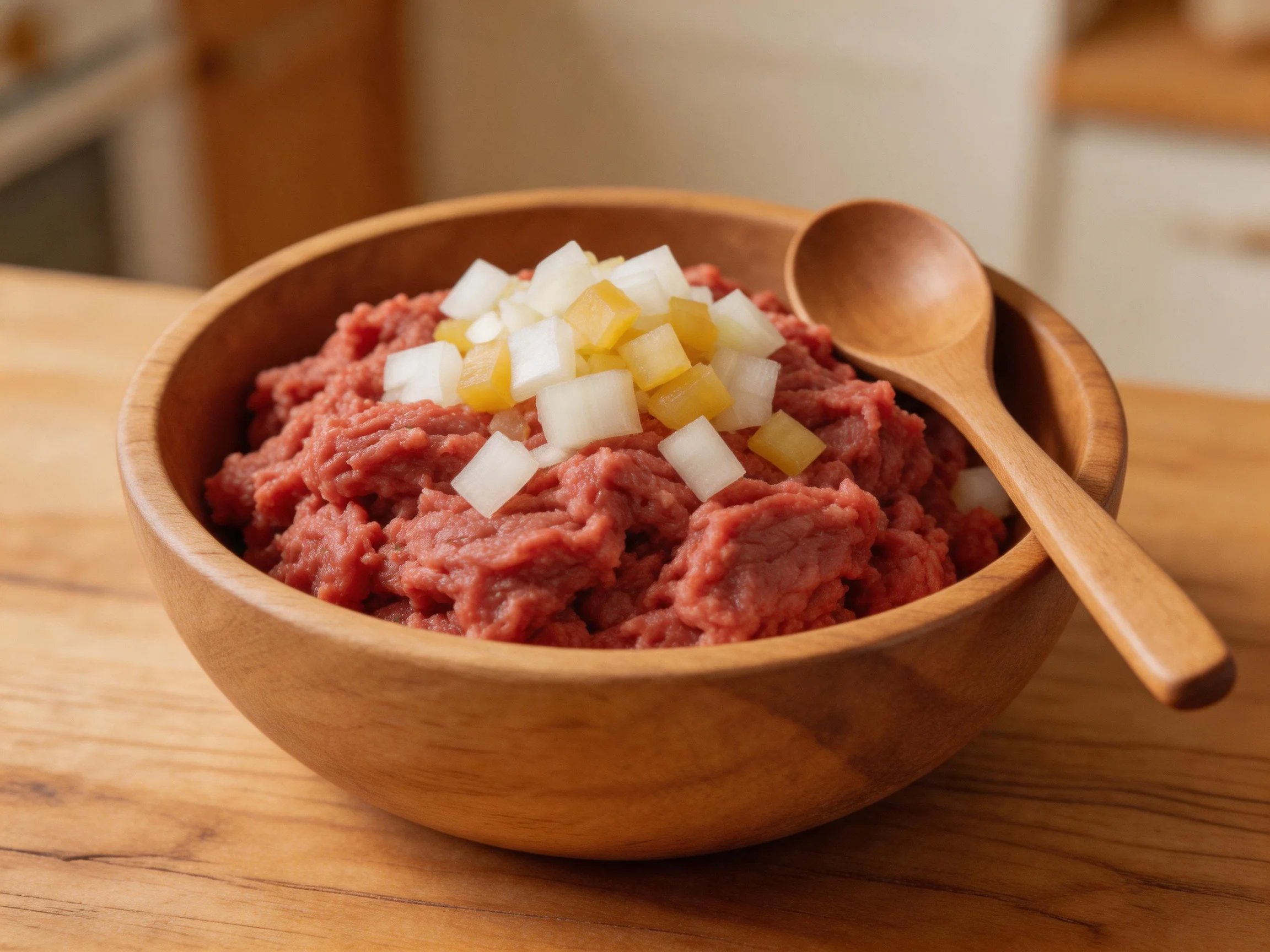 A wooden bowl holds ground meat with diced vegetable toppings