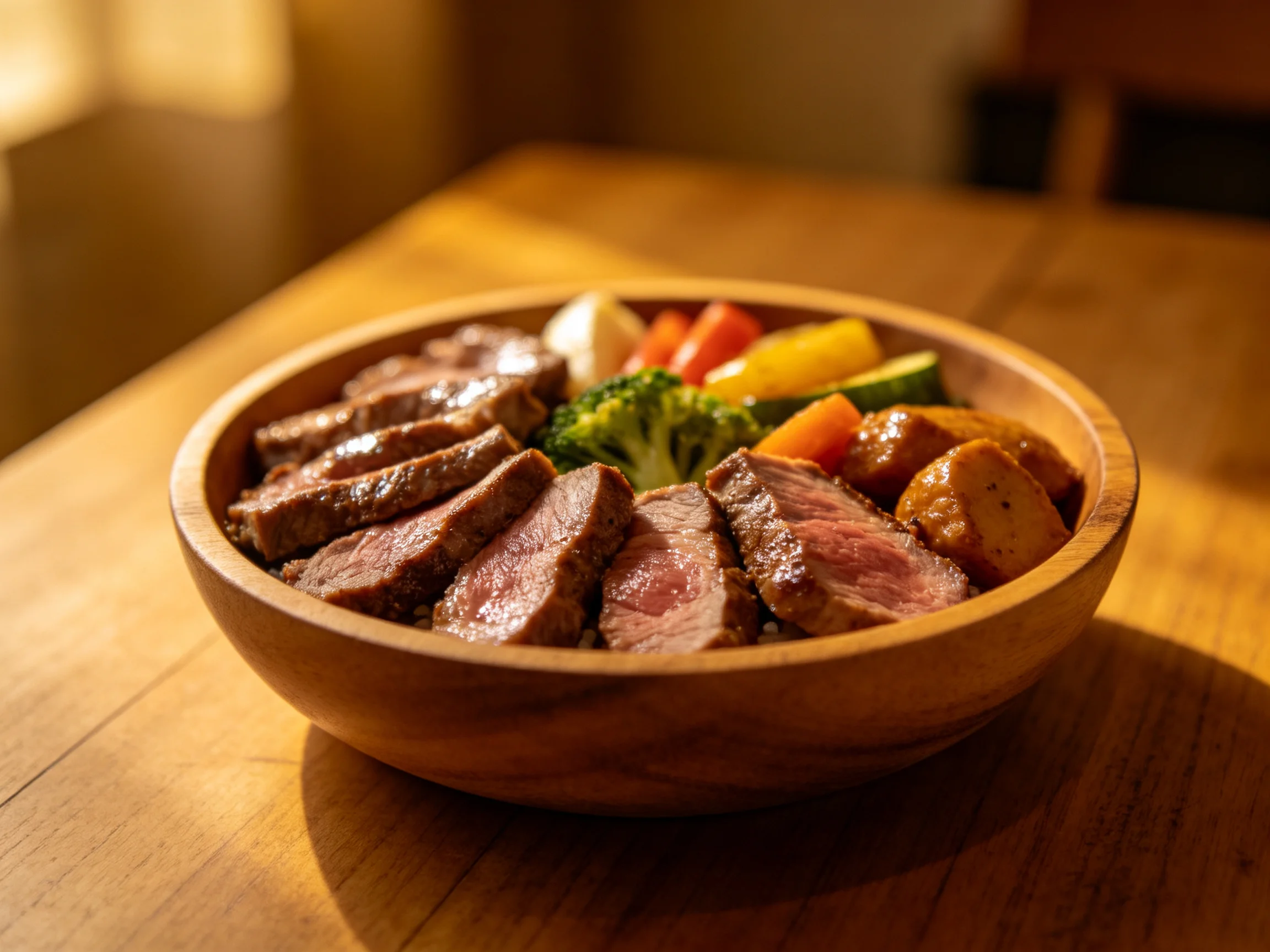A wooden bowl holds sliced grilled beef and colorful roasted vegetables