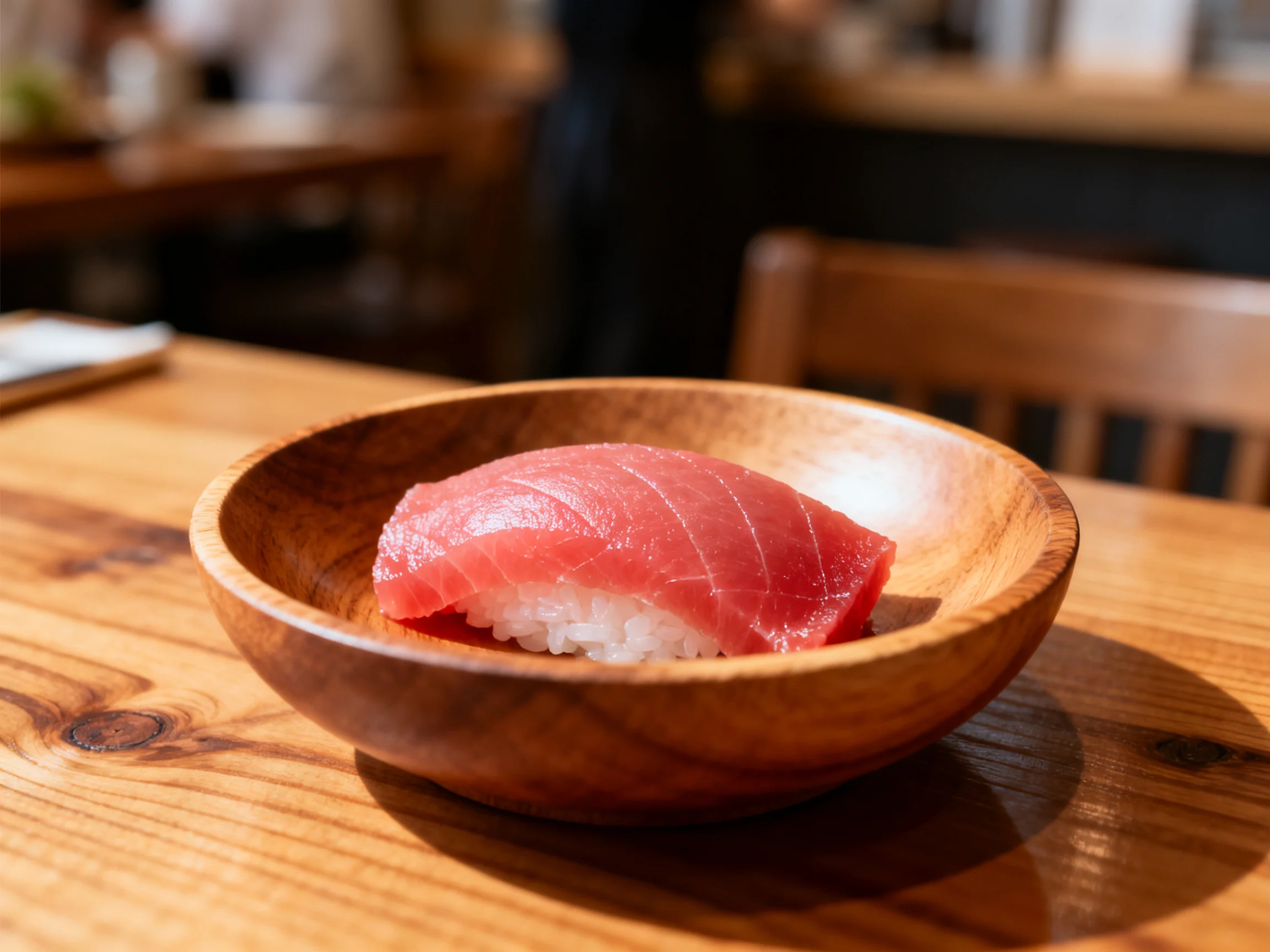 A wooden bowl holds vibrant tuna nigiri on a polished table