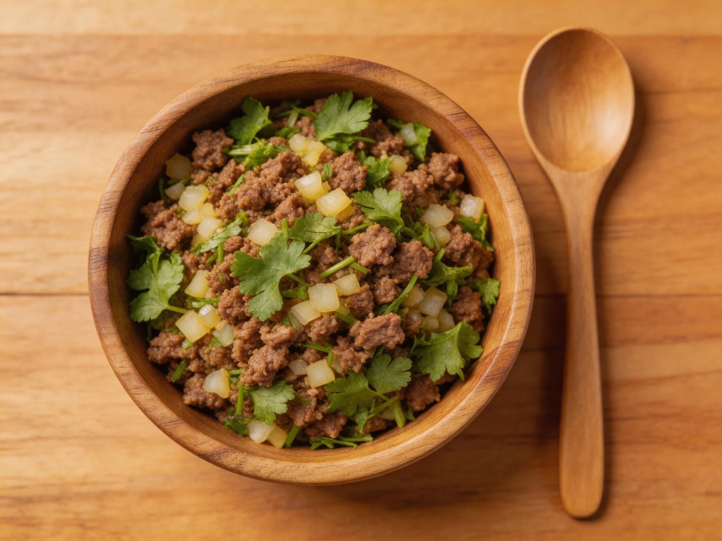 A wooden bowl of seasoned ground beef, diced onions, and fresh cilantro beside a wooden spoon