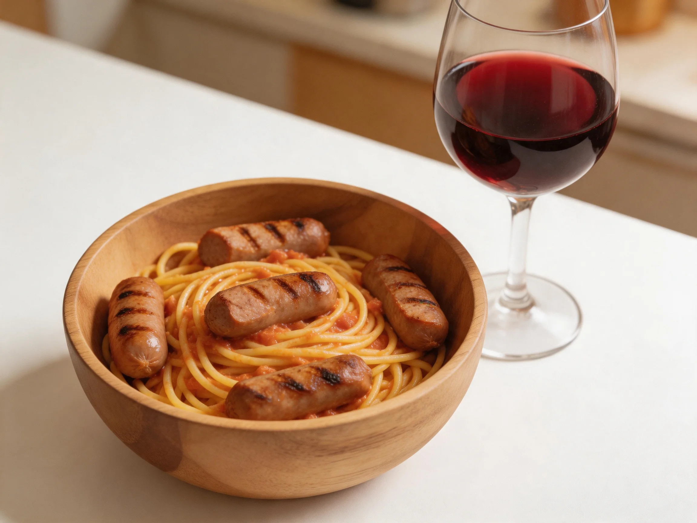 A wooden bowl of spaghetti with grilled sausages beside a glass of red wine