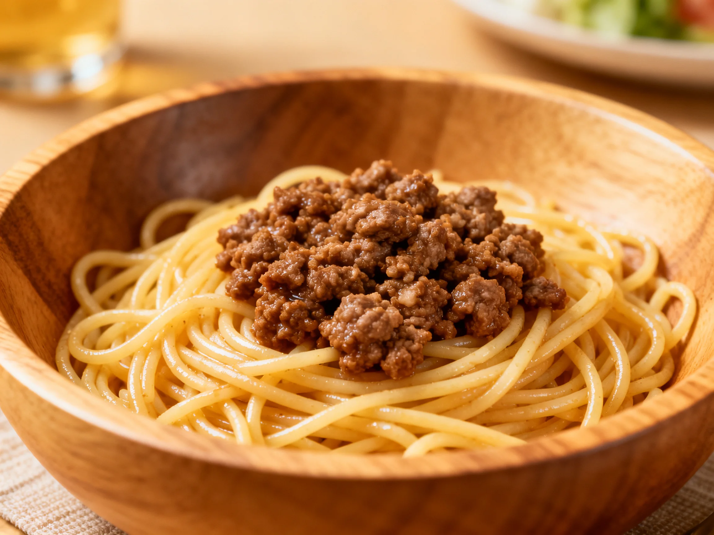 A wooden bowl serves spaghetti topped with browned ground meat