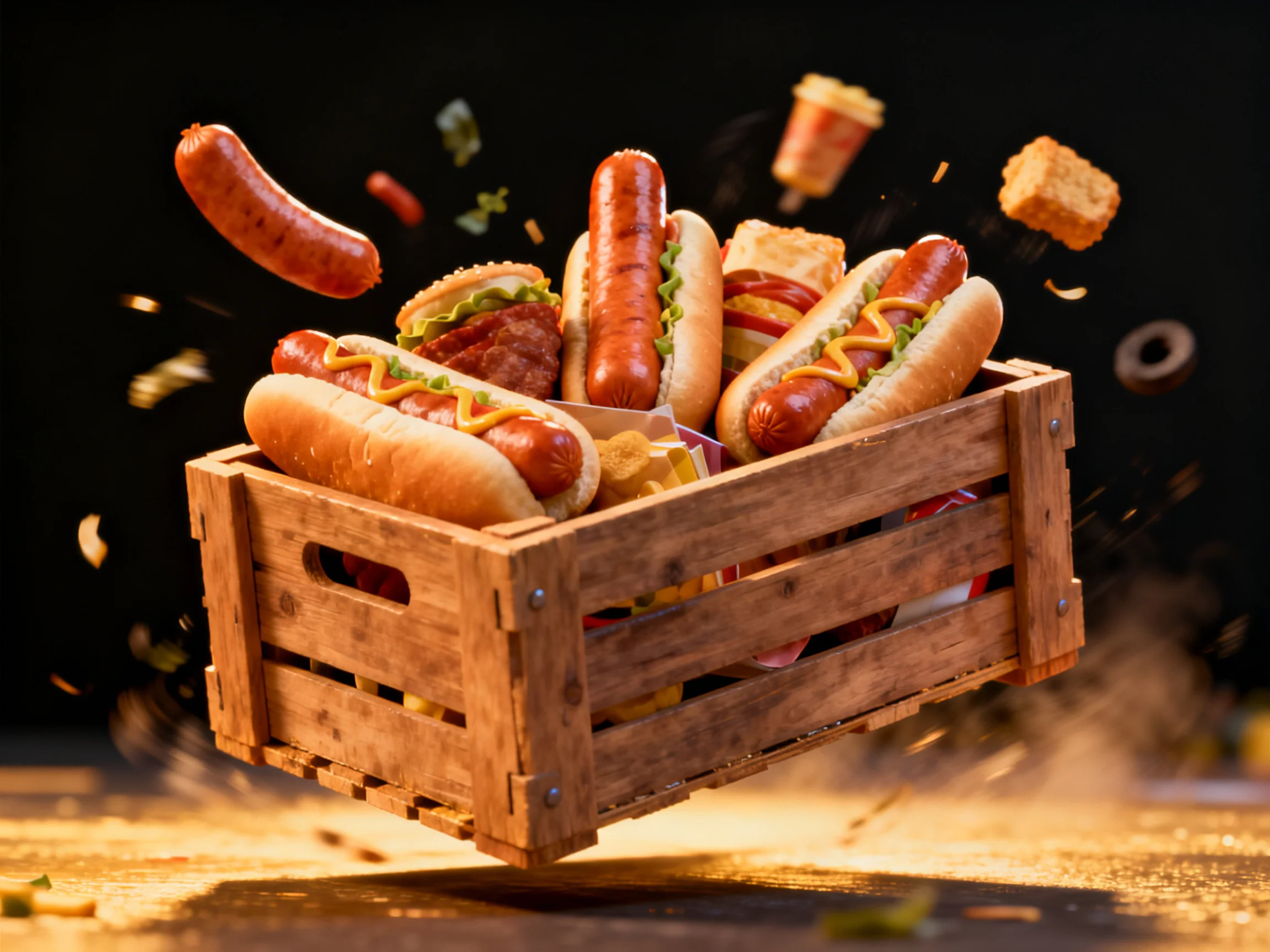 A wooden crate overflowing with assorted hot dogs and snacks