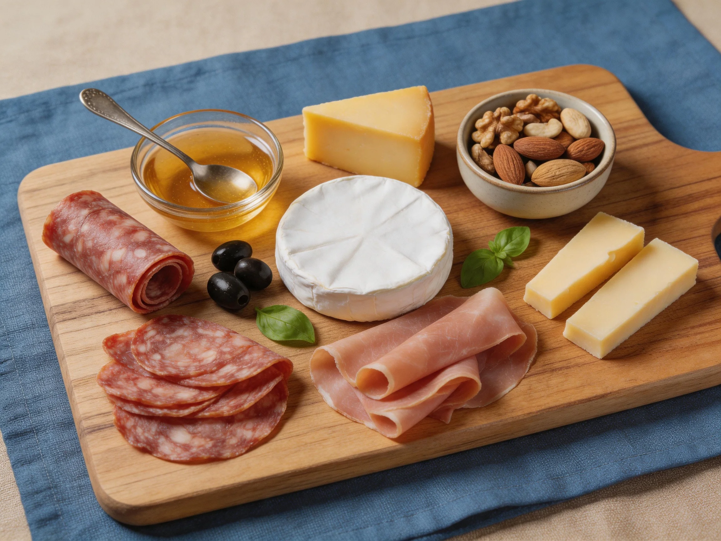A wooden cutting board displays assorted cheeses, cured meats, nuts, and honey