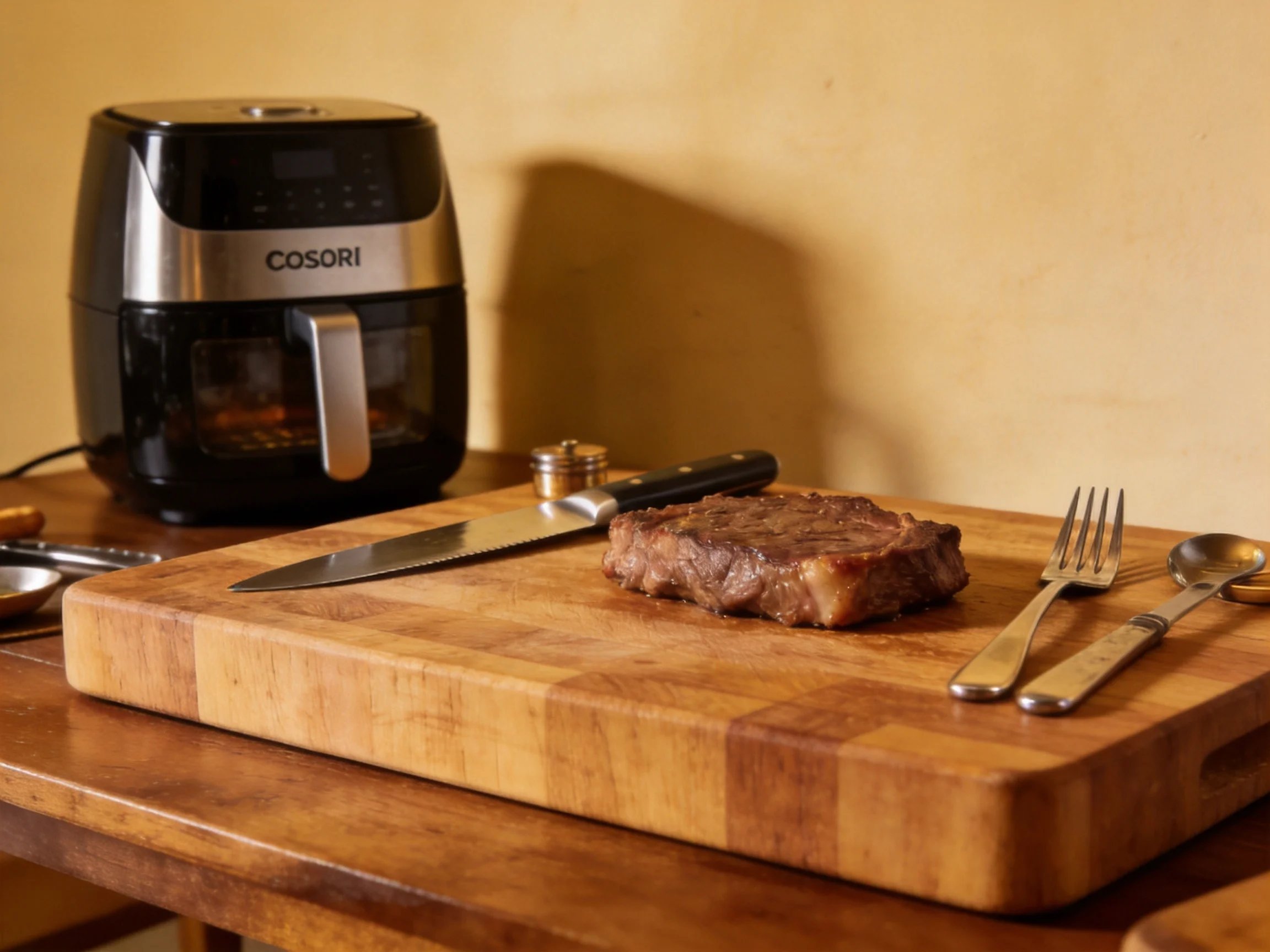 A wooden cutting board holds a cooked steak near a black Cosori air fryer