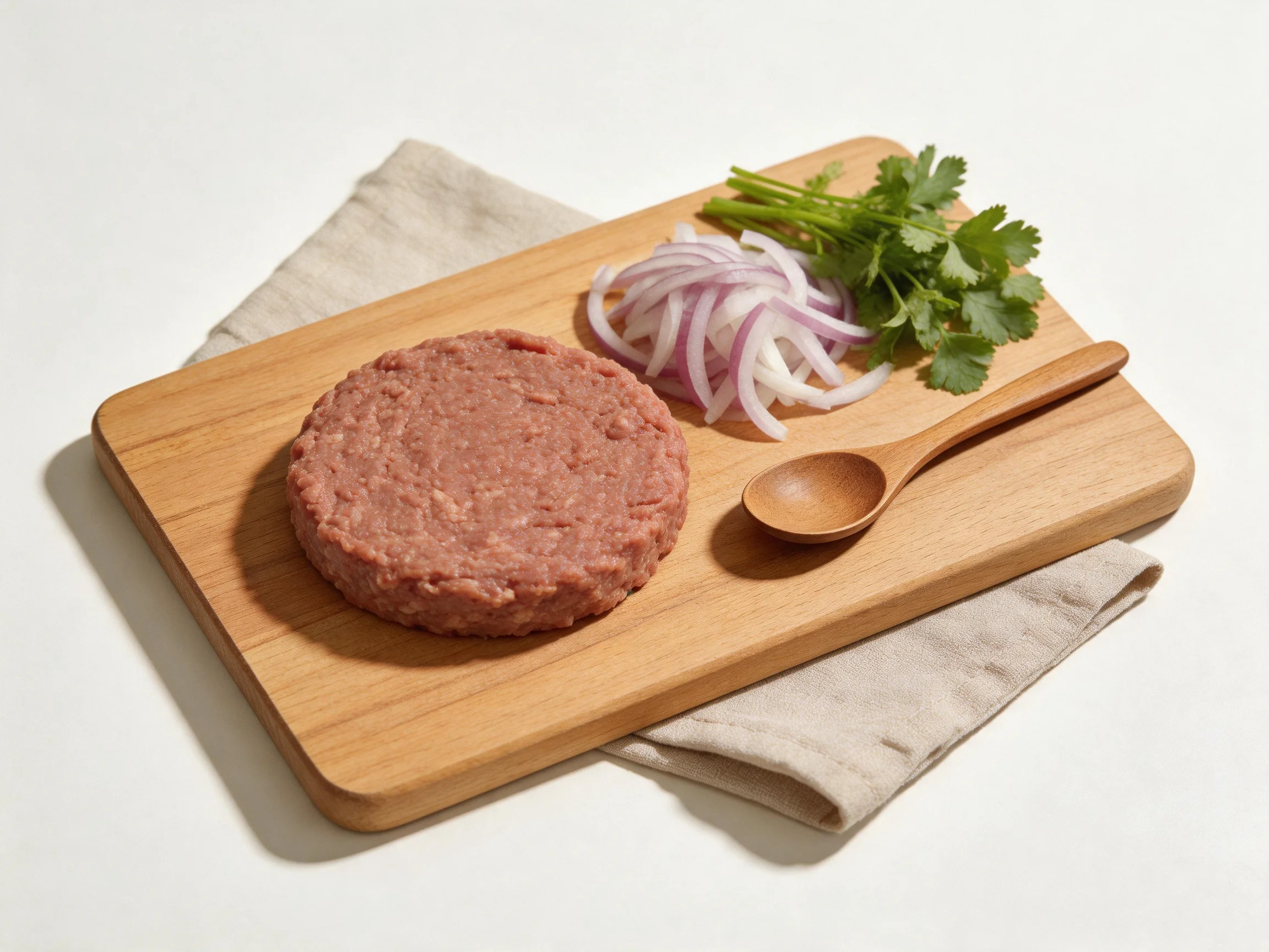 A wooden cutting board holds a raw burger patty, sliced red onions, cilantro, and a wooden spoon