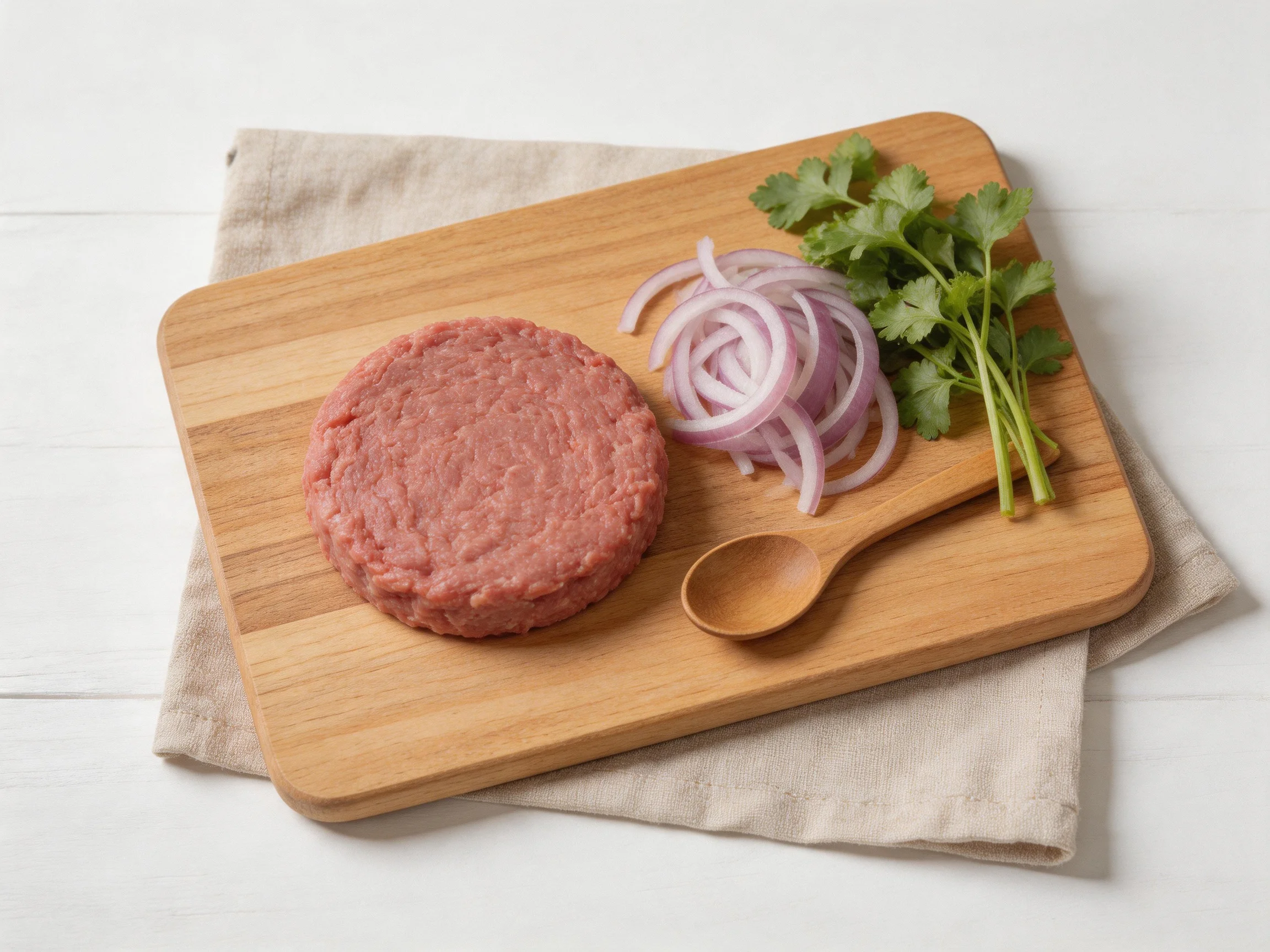 A wooden cutting board holds a raw ground beef patty, purple onion slices, and fresh cilantro