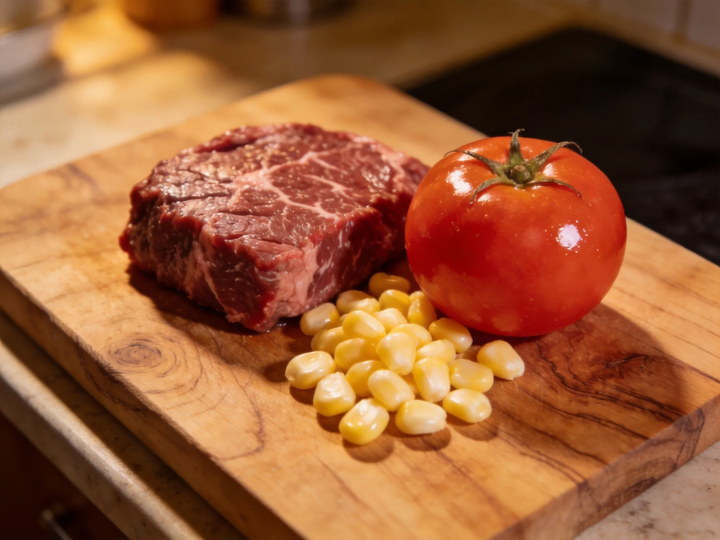 A wooden cutting board holds a raw steak, red tomato, and yellow corn kernels.
