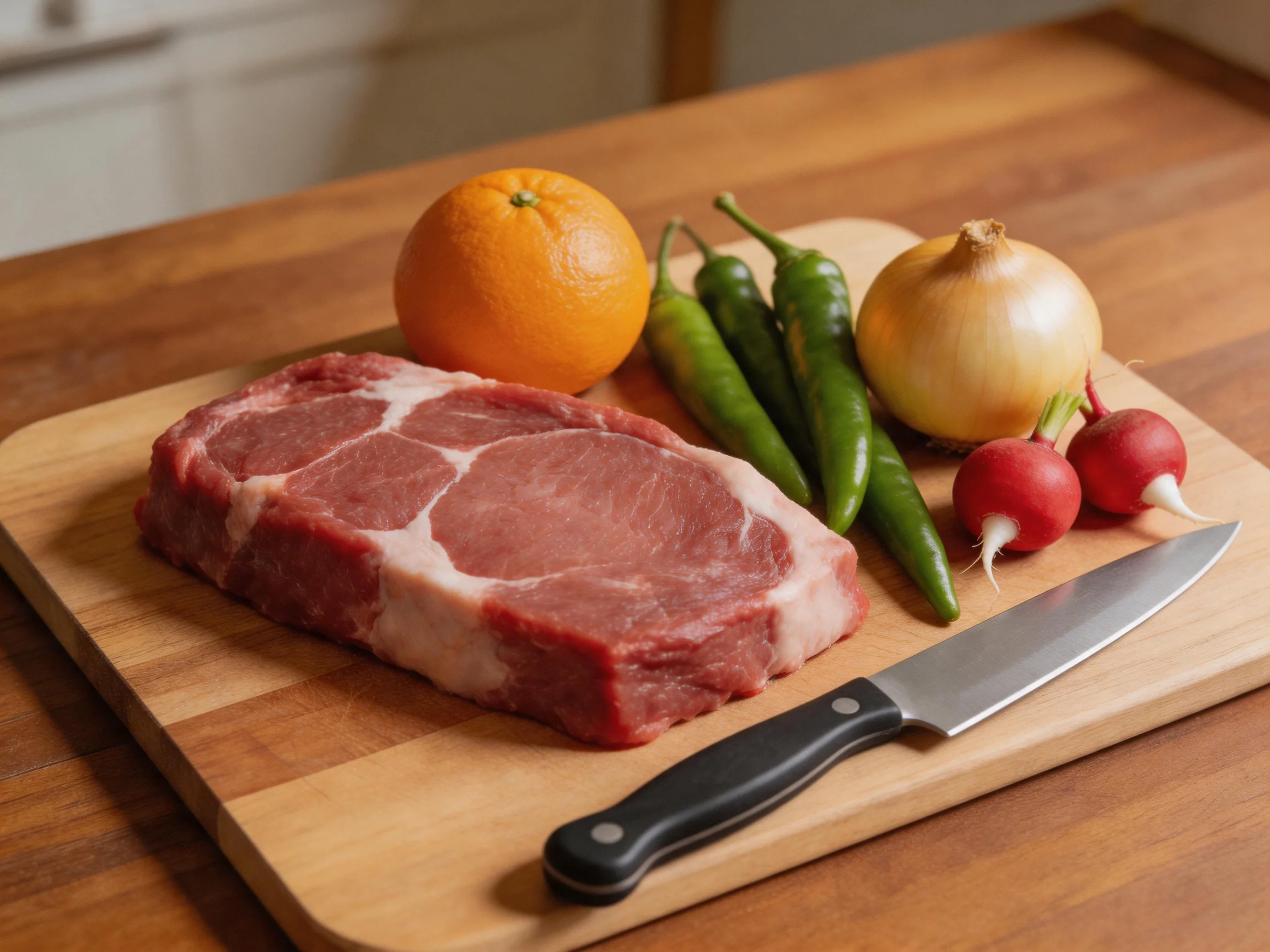 A wooden cutting board holds raw meat, an orange, green peppers, an onion, radishes