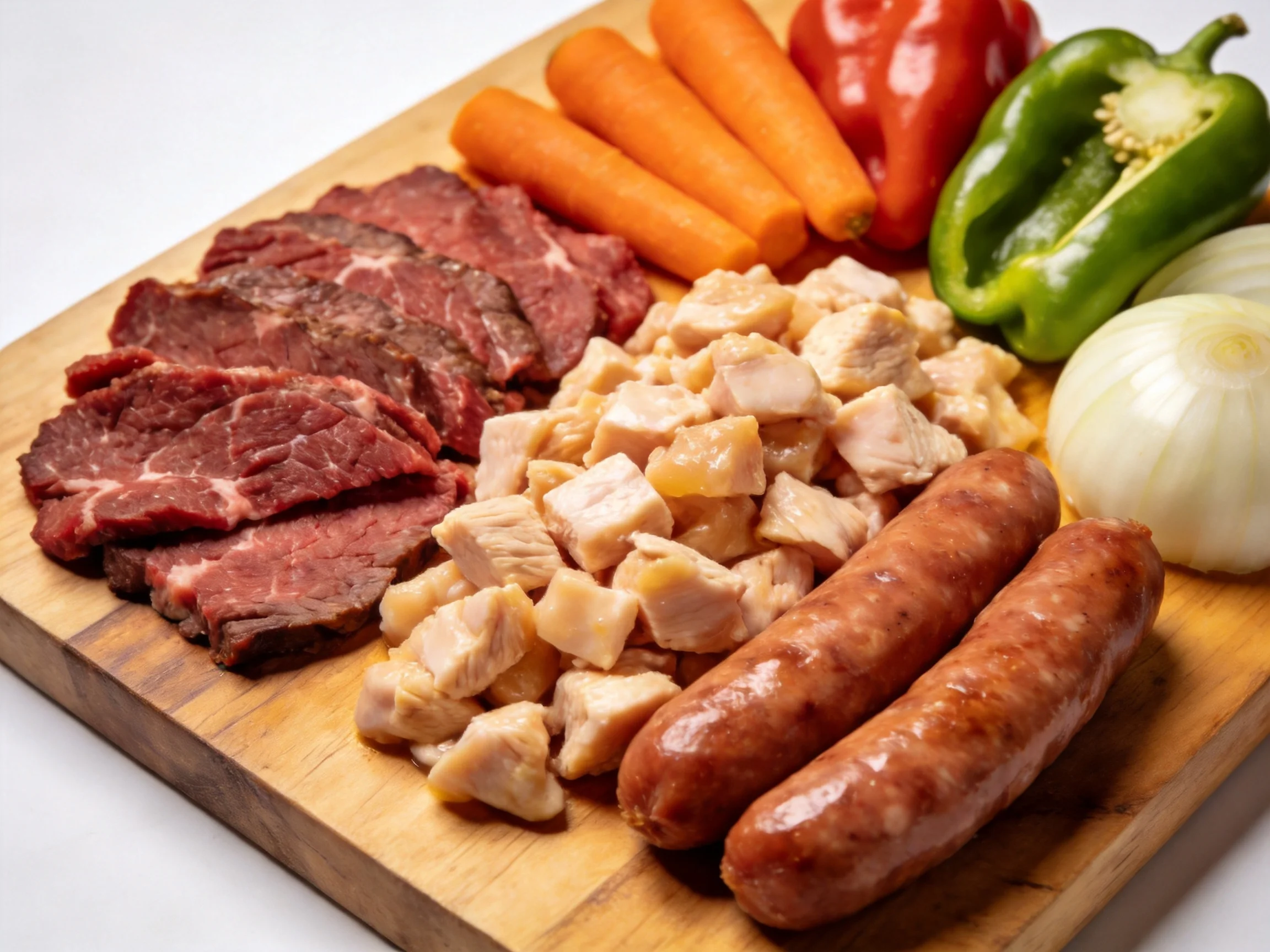 A wooden cutting board holds sliced beef, diced chicken, sausages, and fresh vegetables.