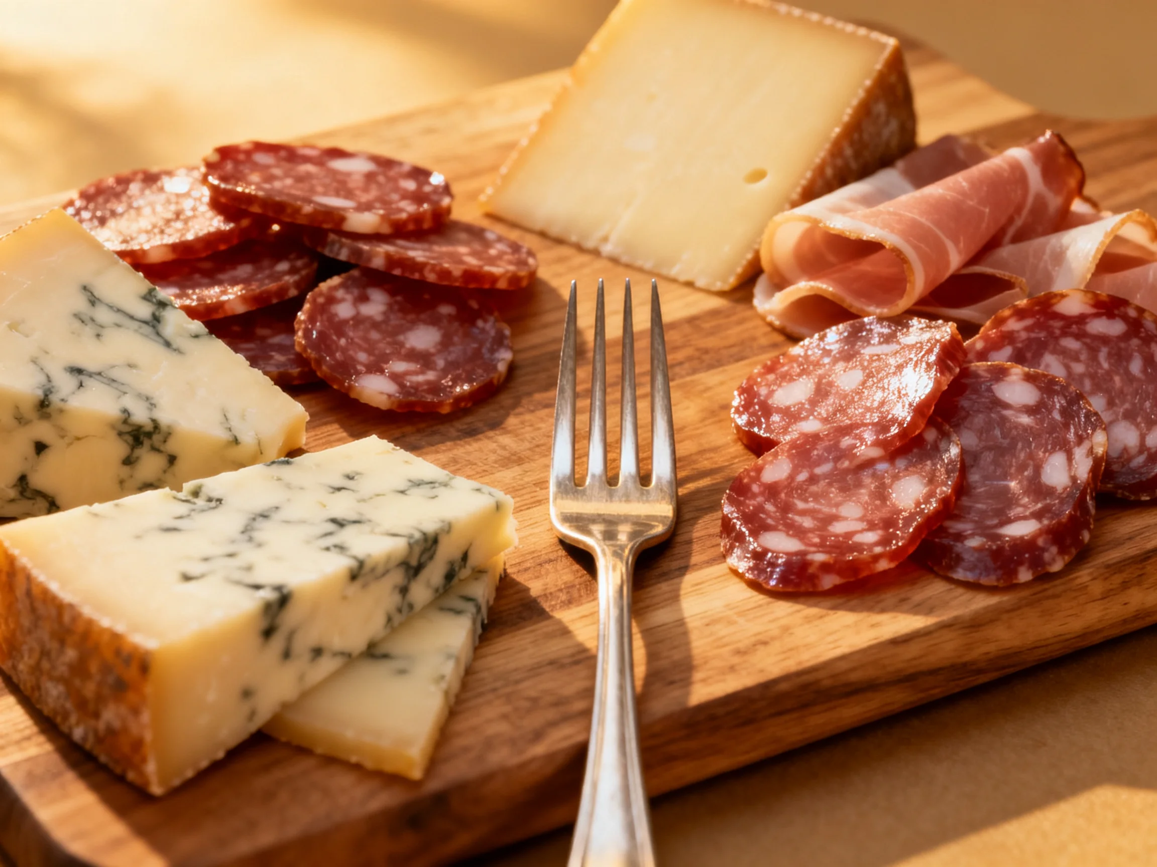 A wooden cutting board presents various cheeses, salamis, and cured meats