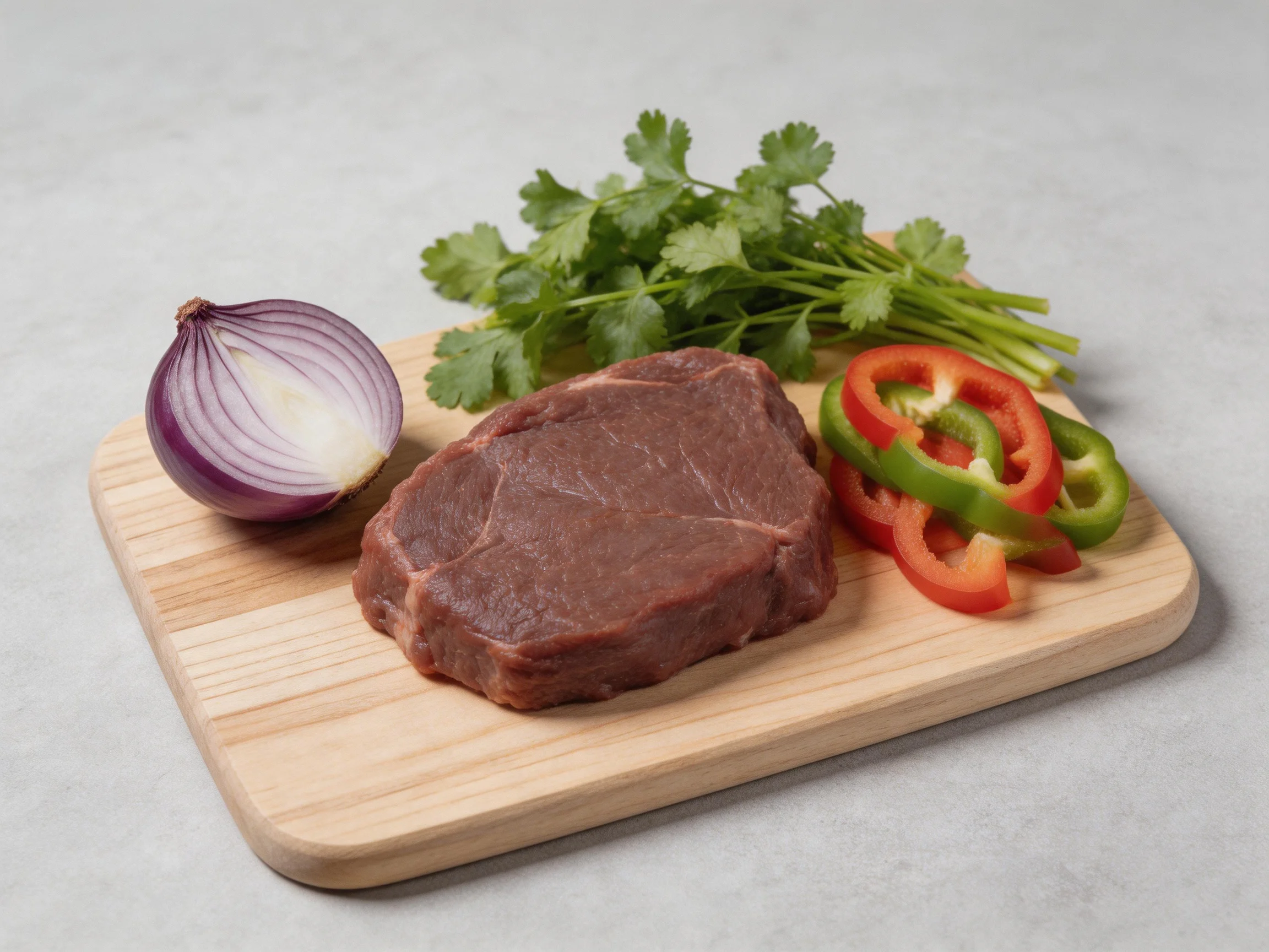 A wooden cutting board shows raw steak, purple onion, cilantro, and bell pepper slices.