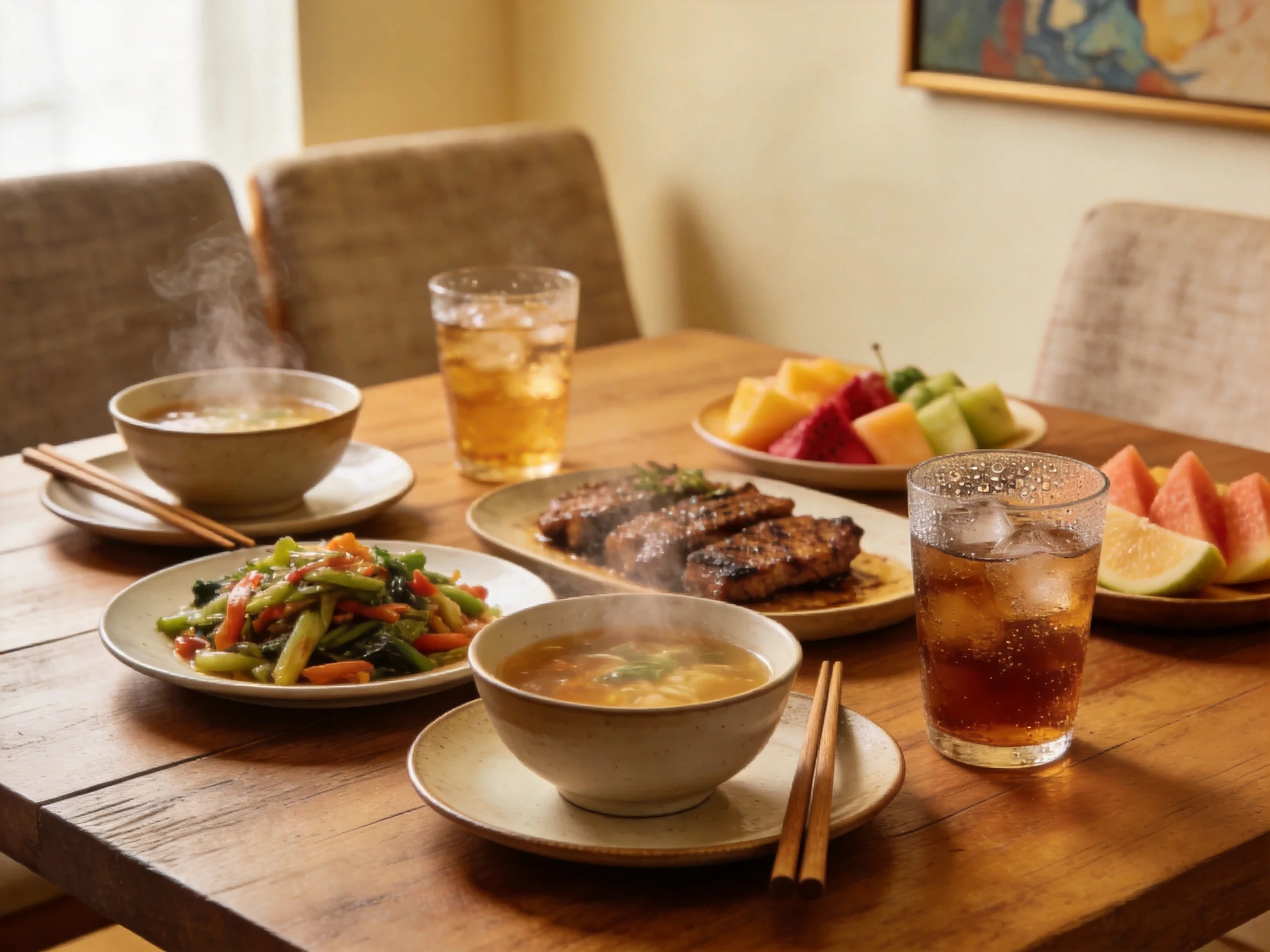 A wooden dining table set with diverse meals including soups, grilled meats, and fresh fruit.