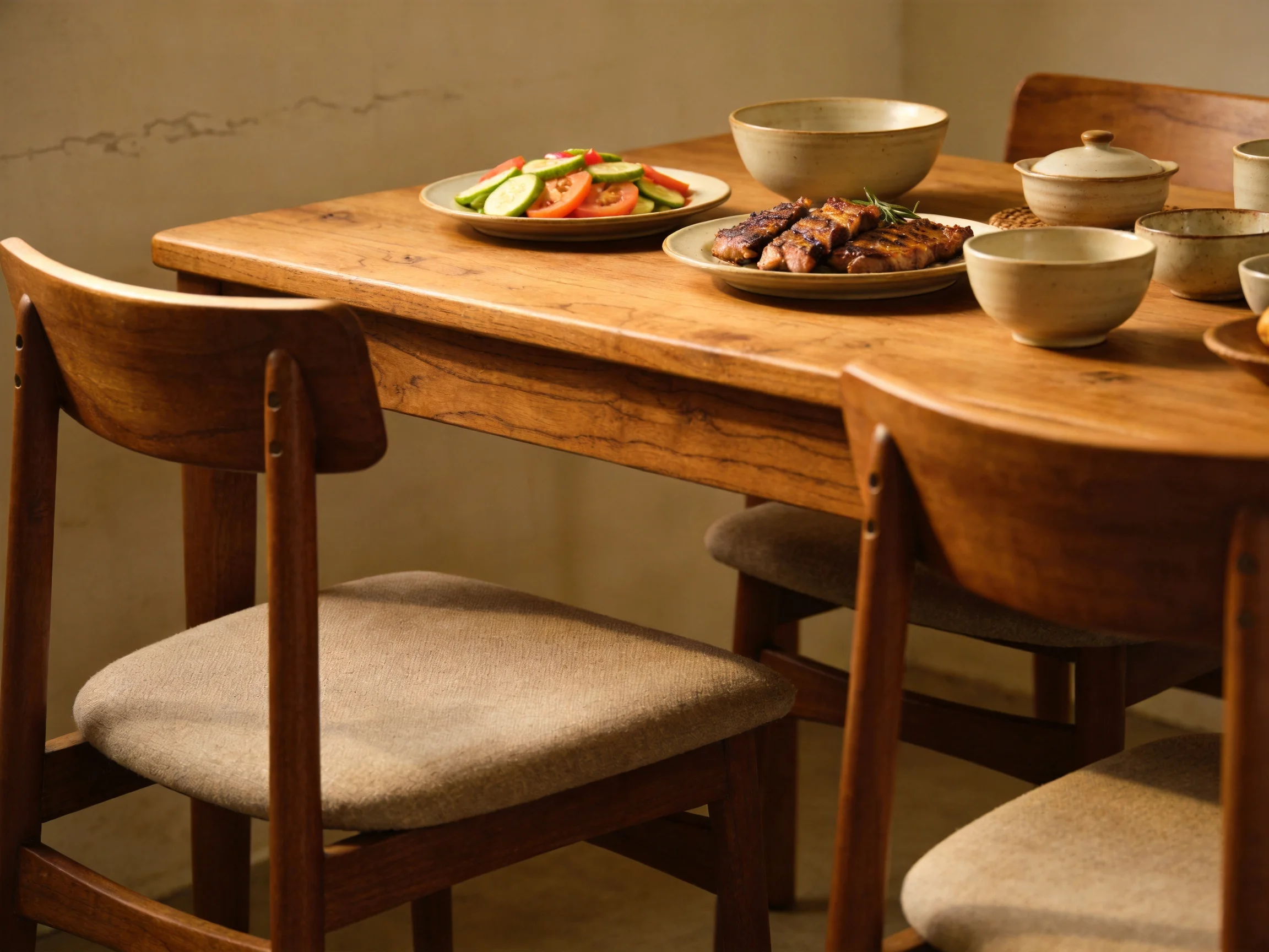 A wooden dining table set with plates of salad and grilled meat