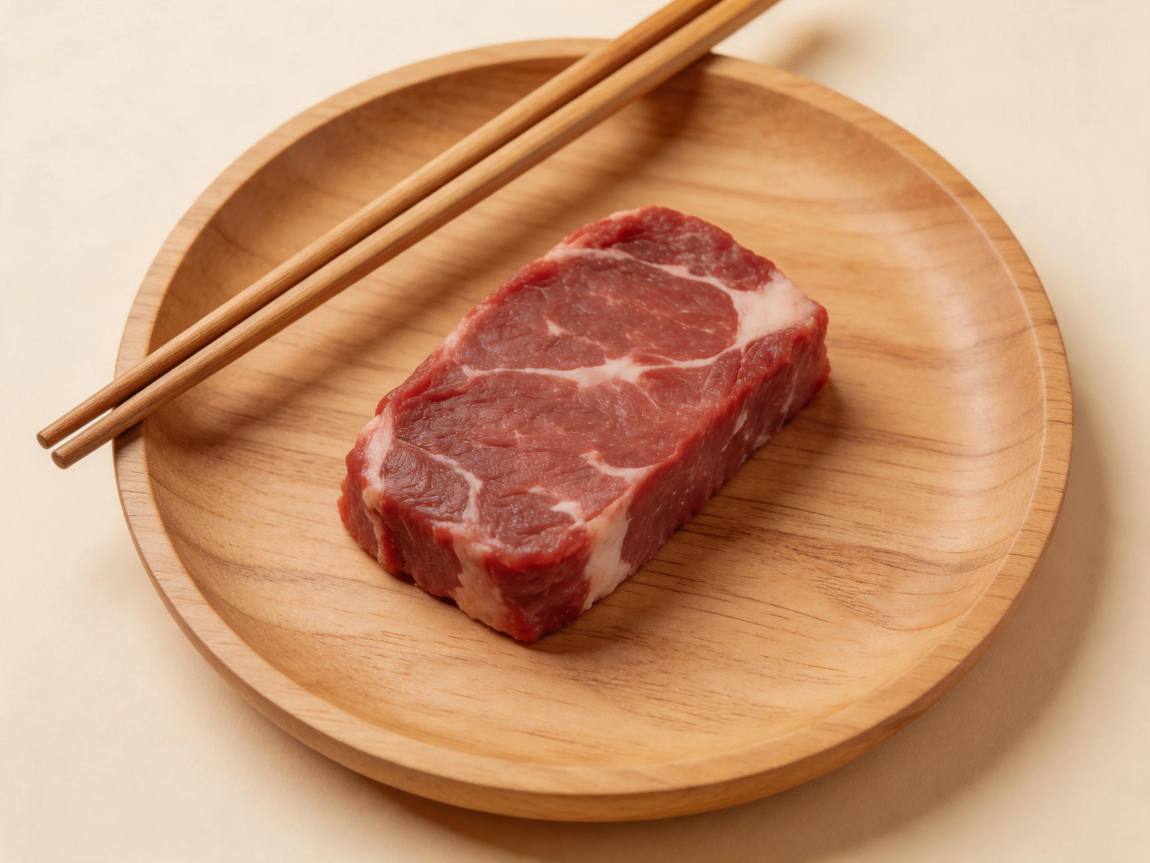 A wooden plate holds a raw marbled meat cut with chopsticks nearby