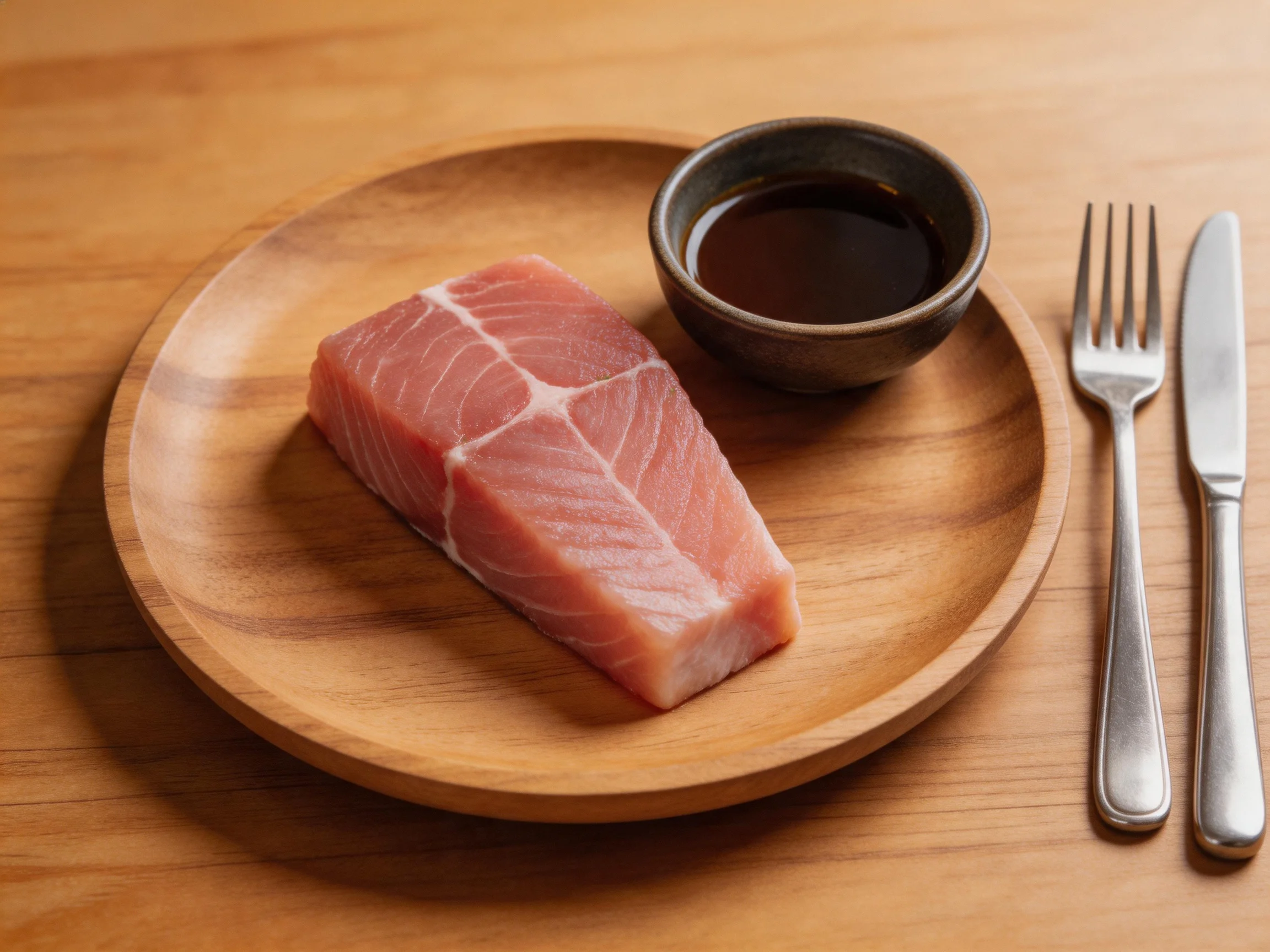 A wooden plate holds a raw pink fish fillet, dark sauce, and silver utensils