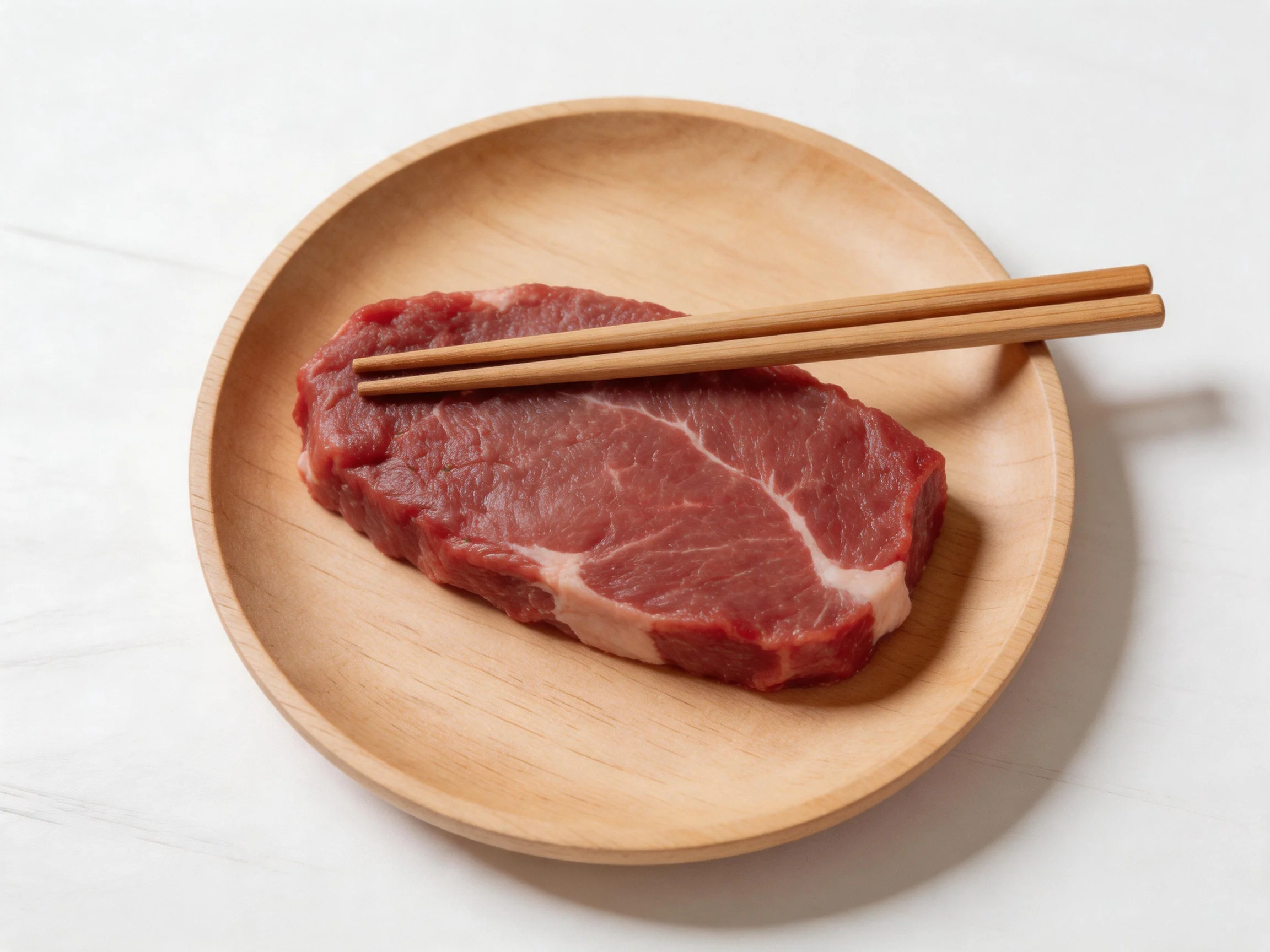 A wooden plate holds a raw steak with chopsticks resting on top.