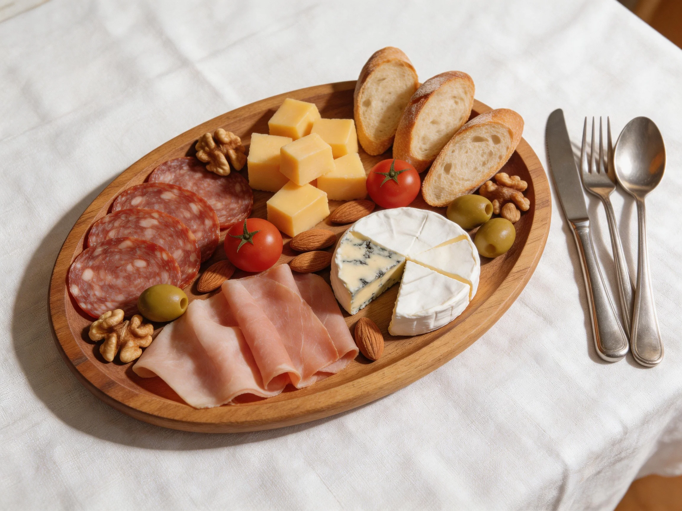 A wooden platter displays assorted cheeses, cured meats, and fresh bread