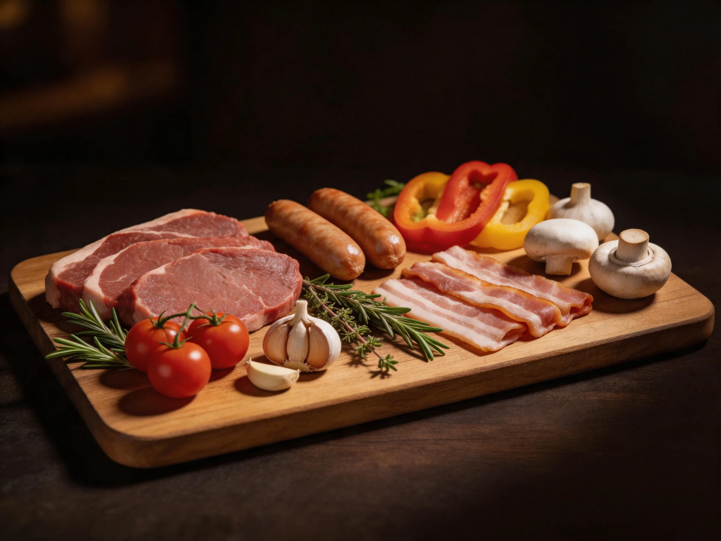 A wooden platter features raw meats, vibrant vegetables, and aromatic herbs.