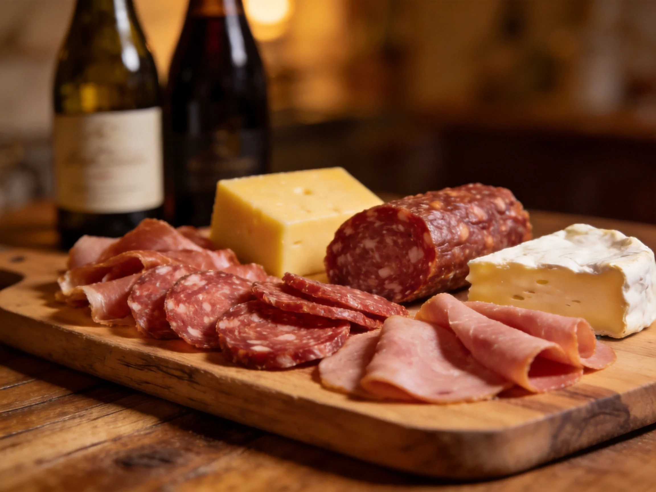 A wooden platter holds assorted cheeses, salami, ham, and two wine bottles
