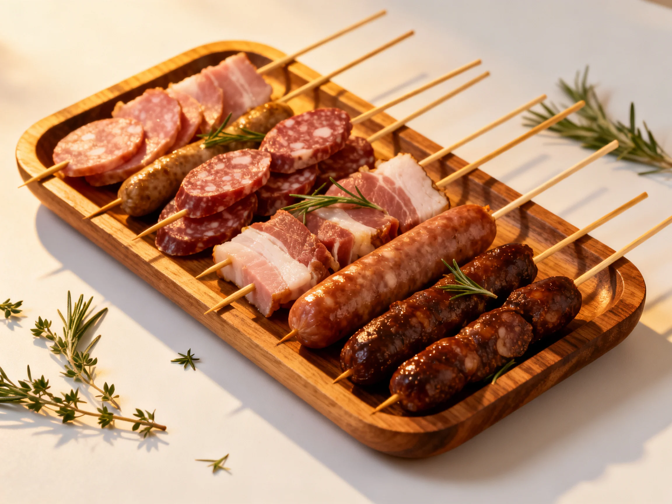 A wooden platter holds assorted grilled meat skewers with fresh herbs