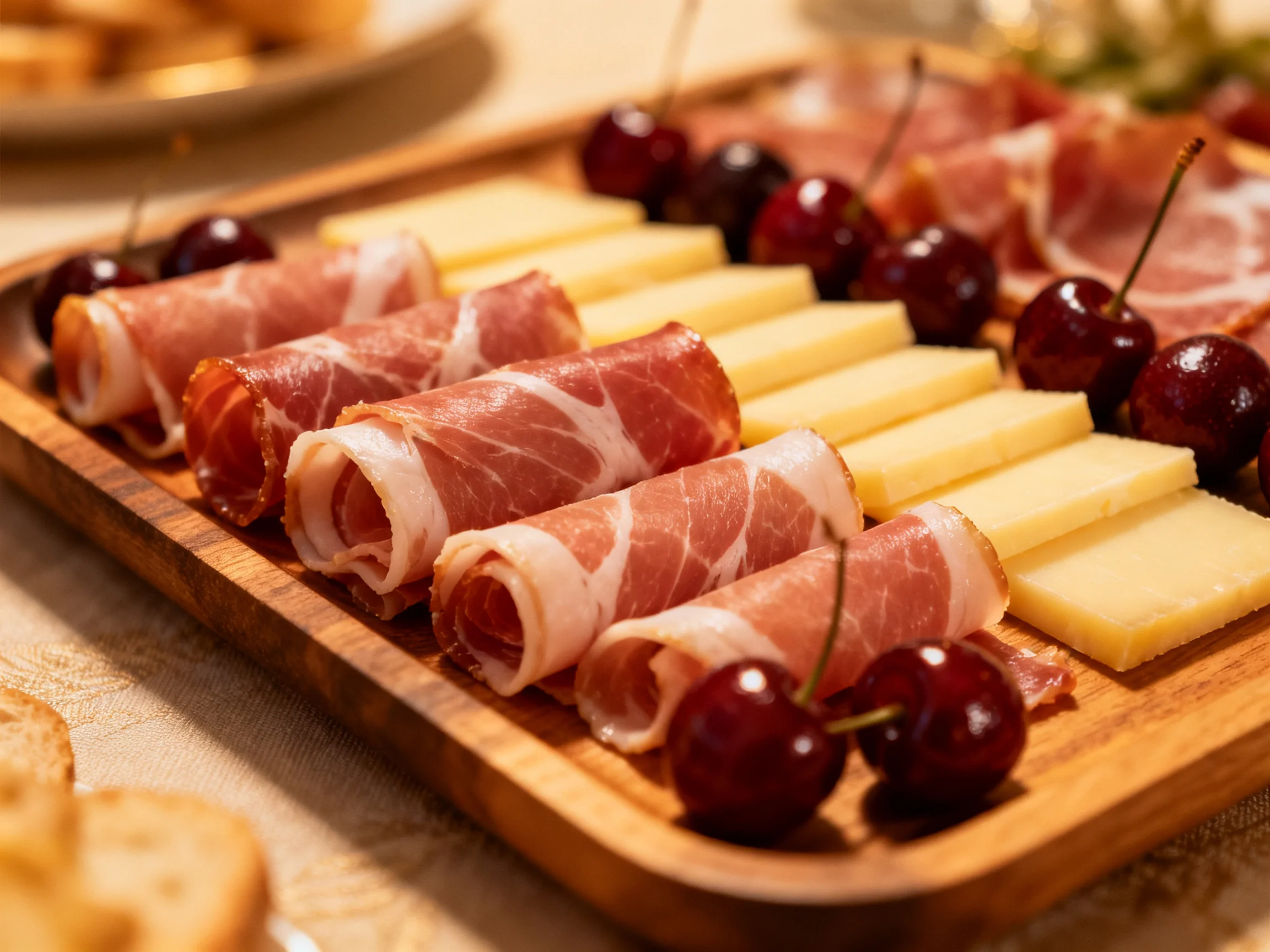 A wooden platter holds rolled prosciutto, cheese slices, and dark cherries