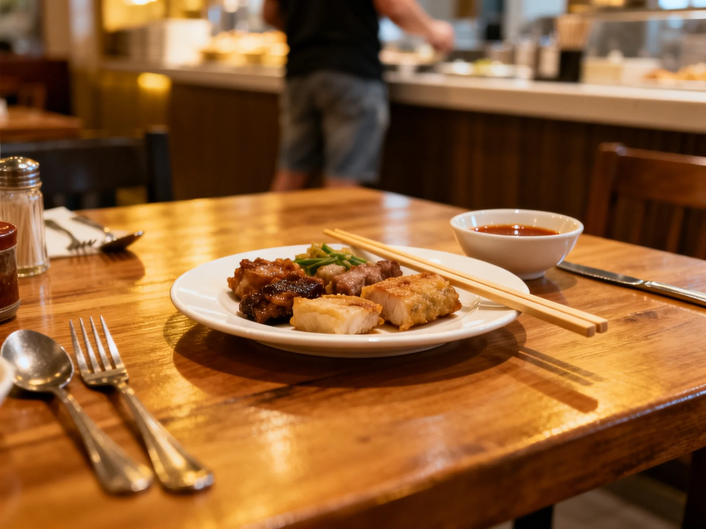 A wooden table displays a plate of assorted foods with chopsticks