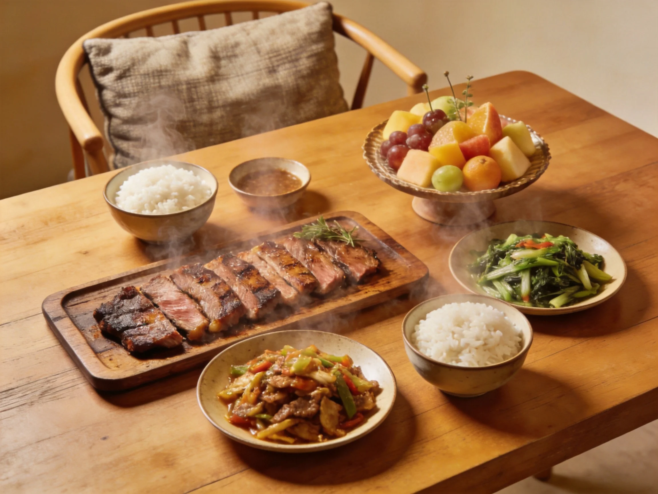 A wooden table displays grilled meat, rice bowls, and a fruit platter