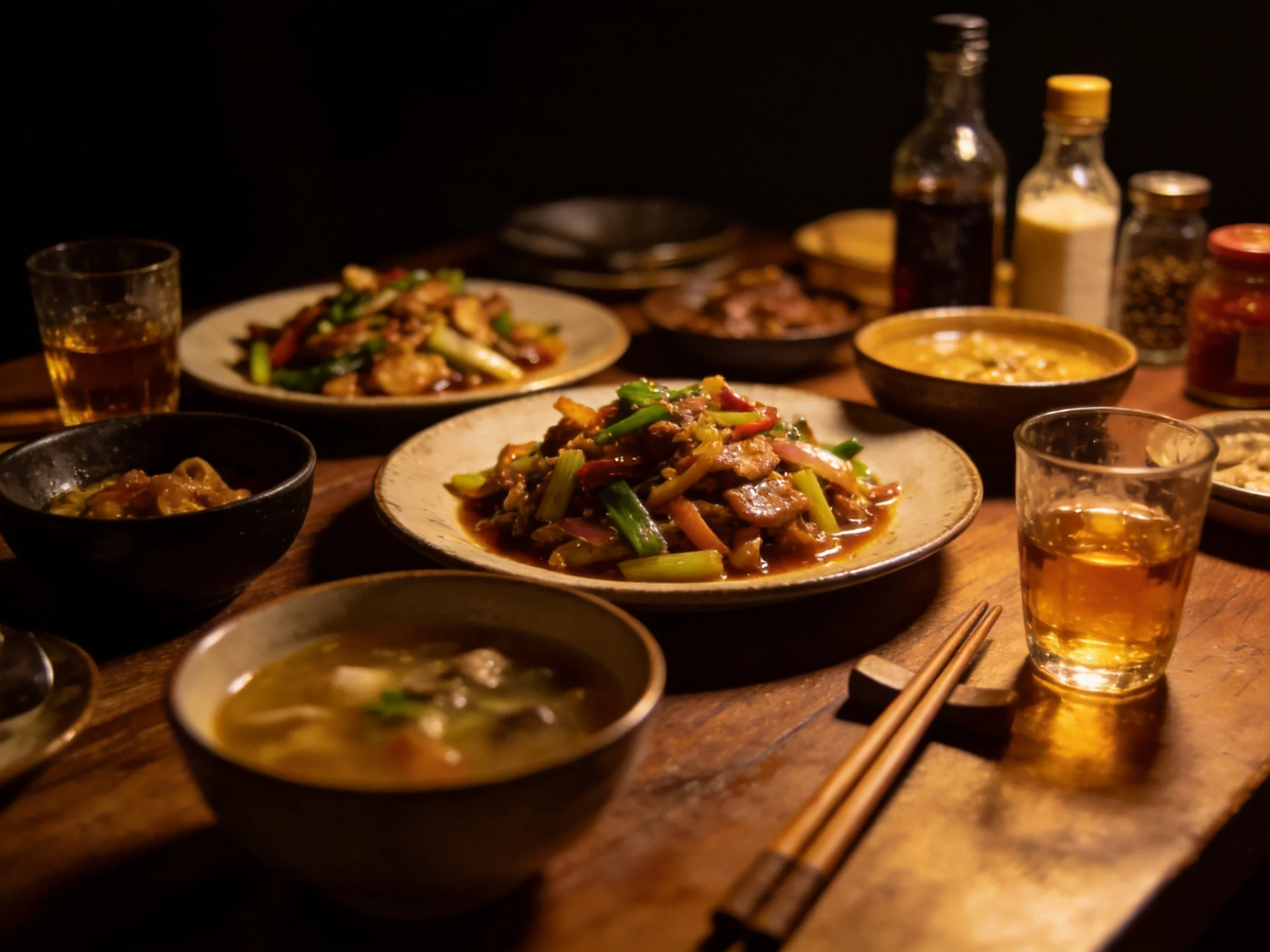 A wooden table filled with assorted Asian dishes and amber-hued drinks