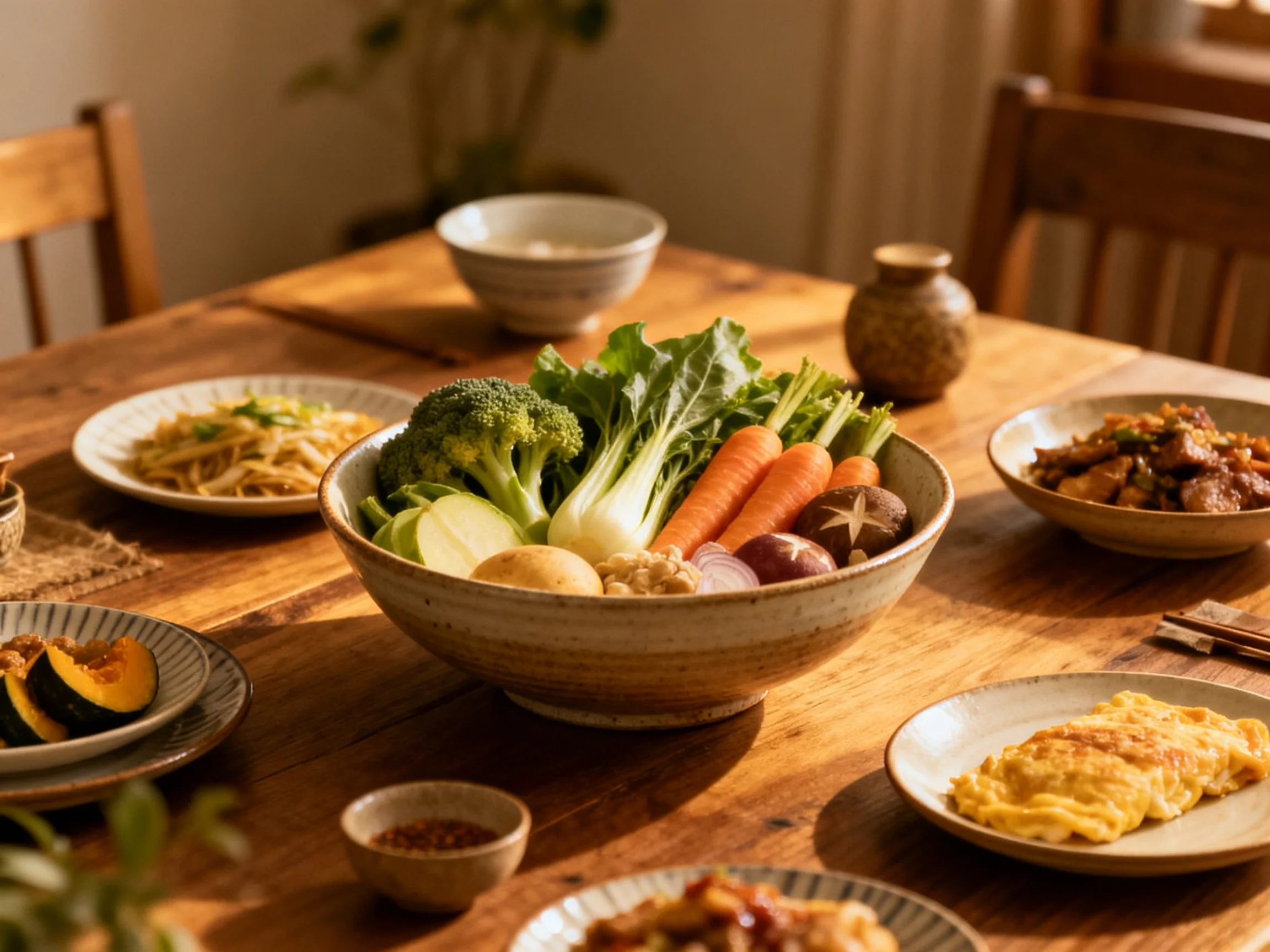 A wooden table filled with diverse dishes and fresh vegetables