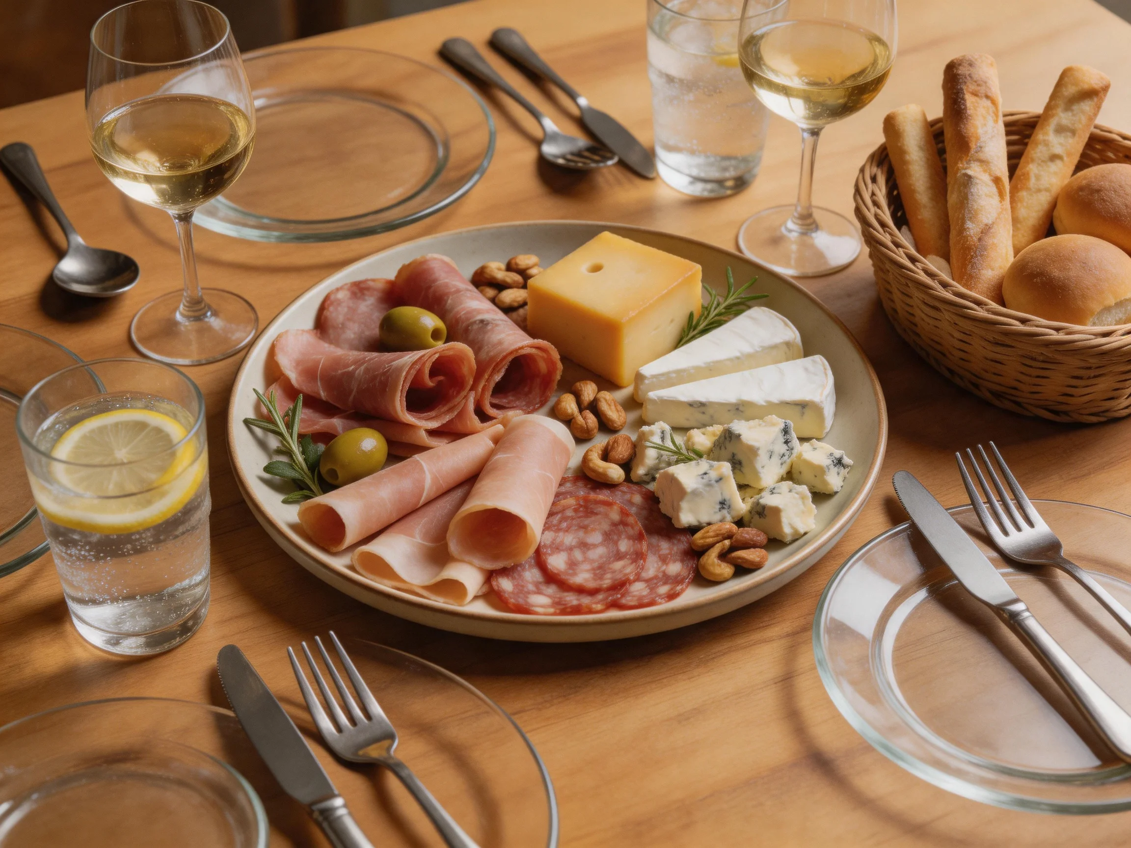 A wooden table holds a charcuterie platter with assorted meats, cheeses, and breads