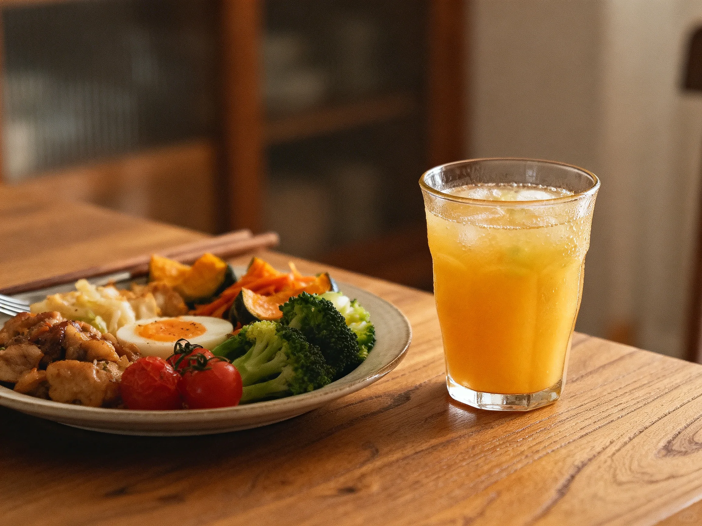 A wooden table holds a plate of mixed foods and a glass of orange juice