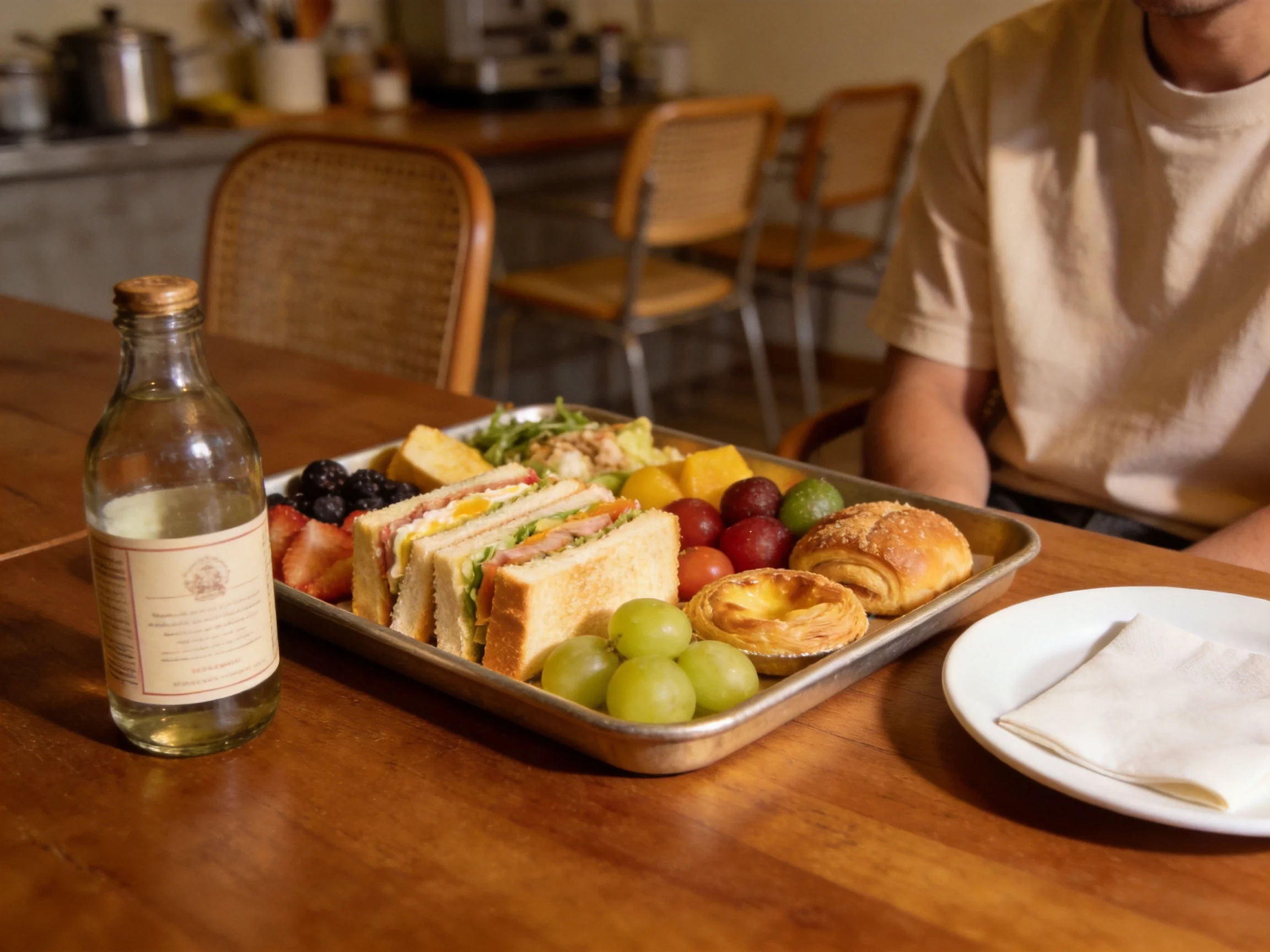A wooden table holds a tray of sandwiches, fruits, and pastries with a glass bottle