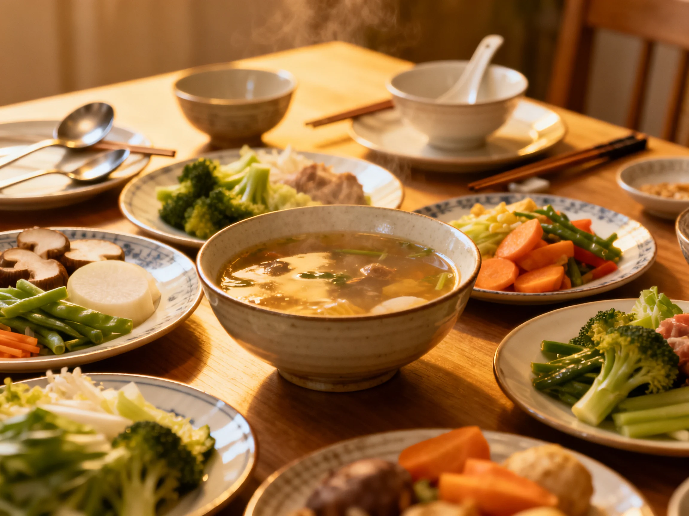 A wooden table loaded with steaming dishes and vibrant vegetables