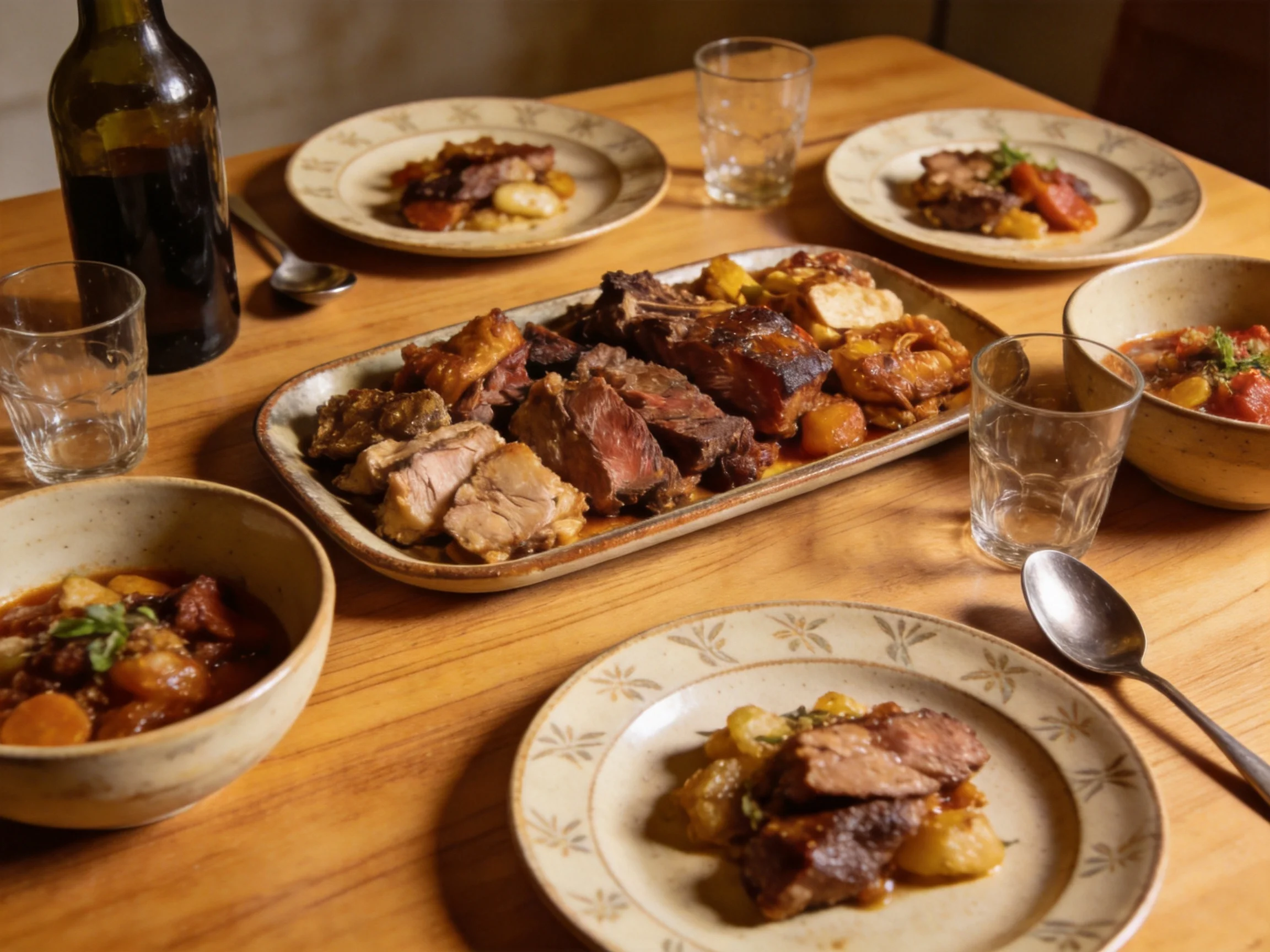 A wooden table presents assorted roasted meats and stews for multiple diners