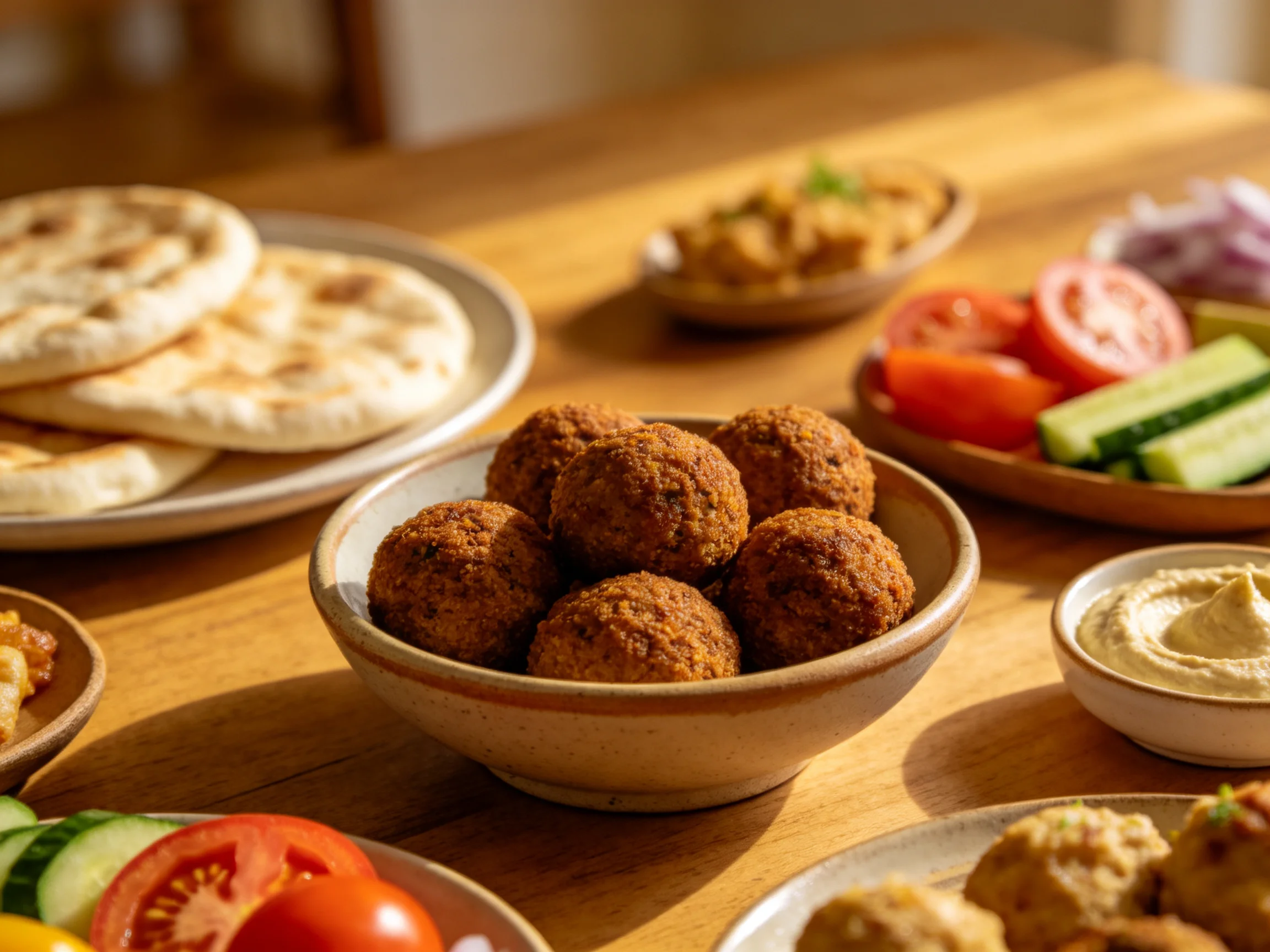 A wooden table presents golden falafel, pita breads, and fresh vegetables
