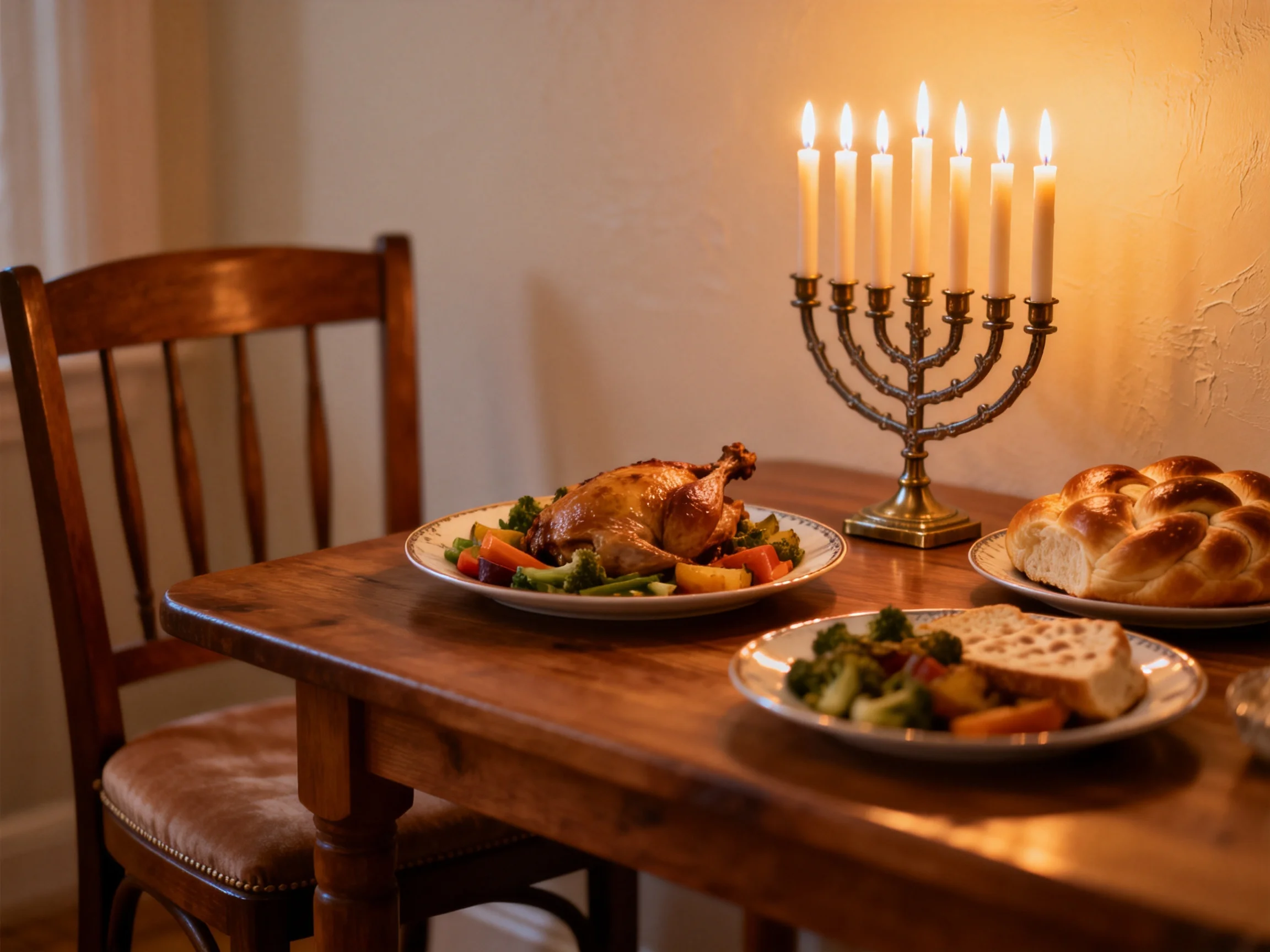A wooden table set for dinner with roasted chicken, bread, and a lit menorah