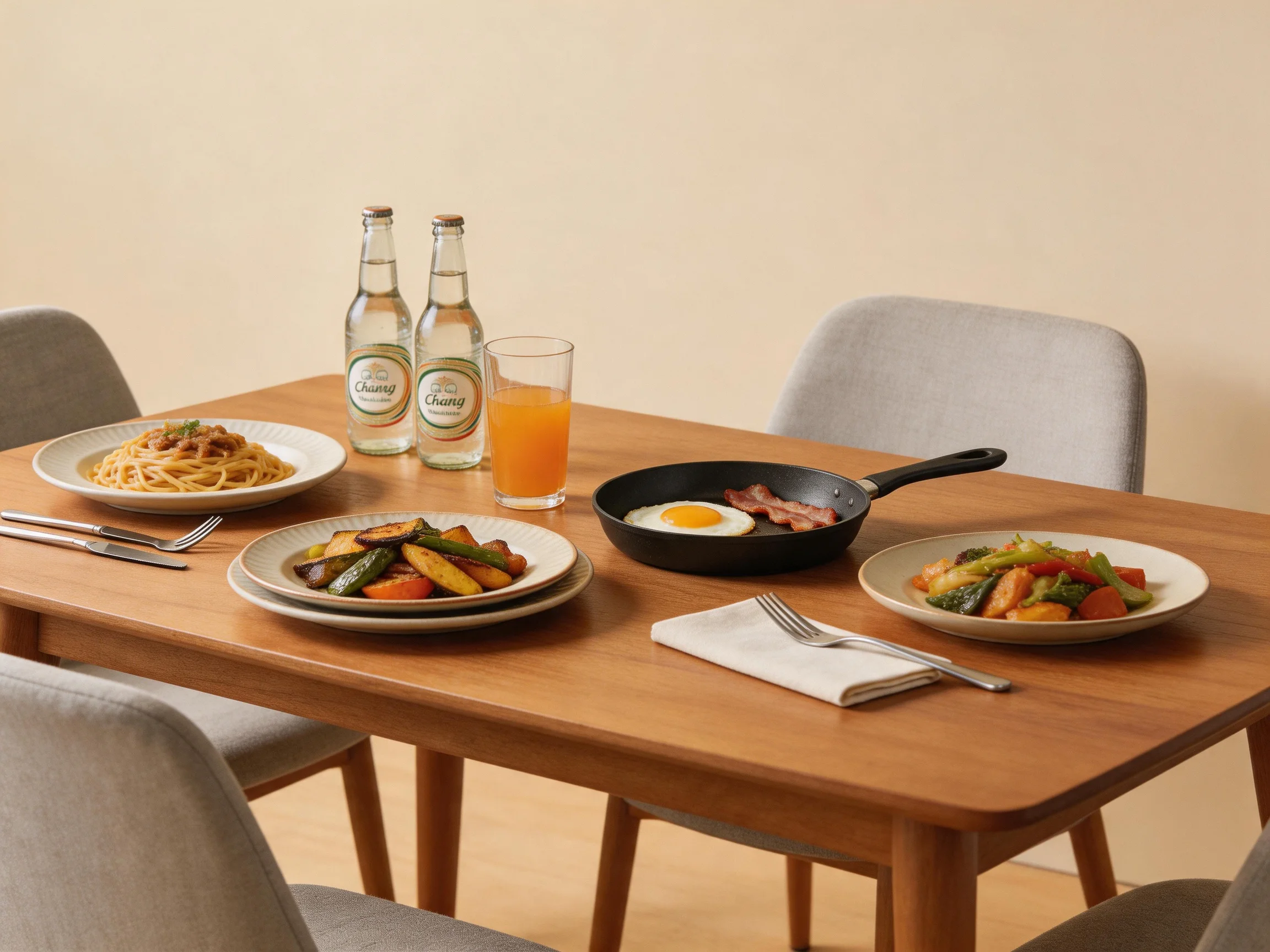 A wooden table set with four dishes, two bottles, and orange juice