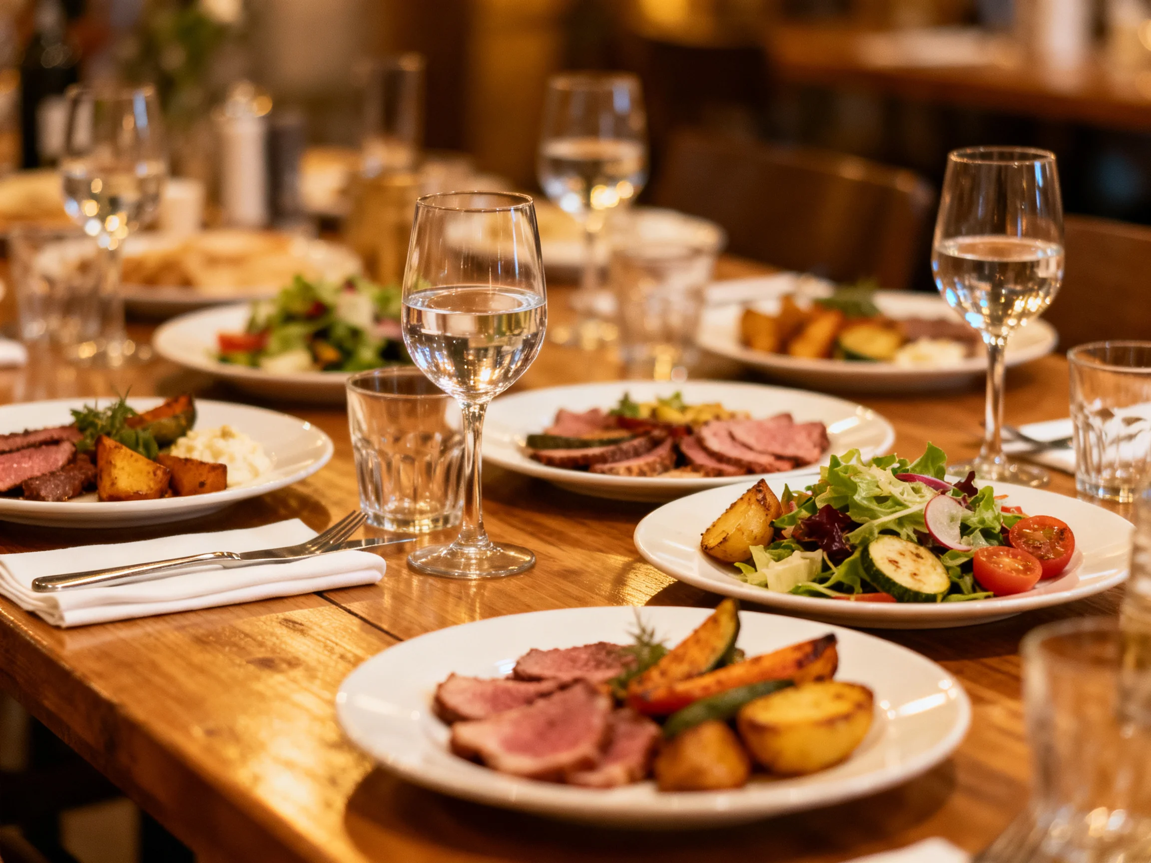 A wooden table with assorted dishes, roasted meats, veggies, and wine glasses.