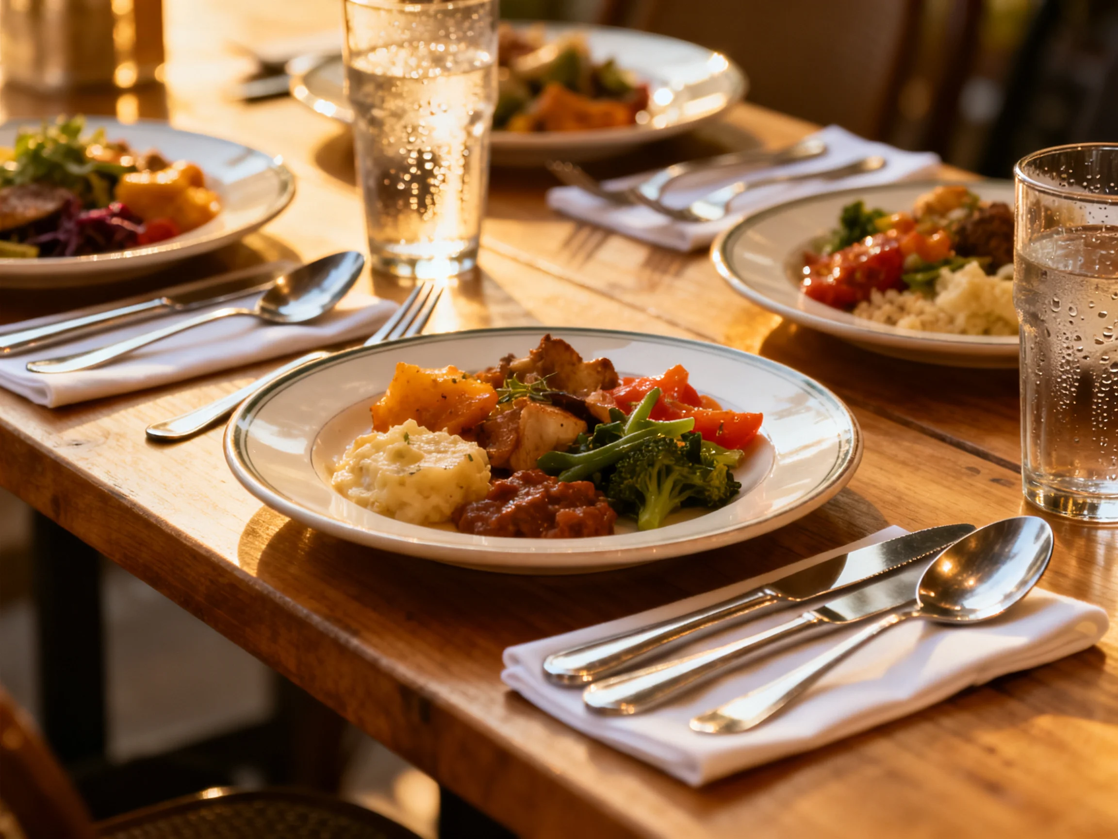 A wooden table with assorted meals, white napkins, and water glasses