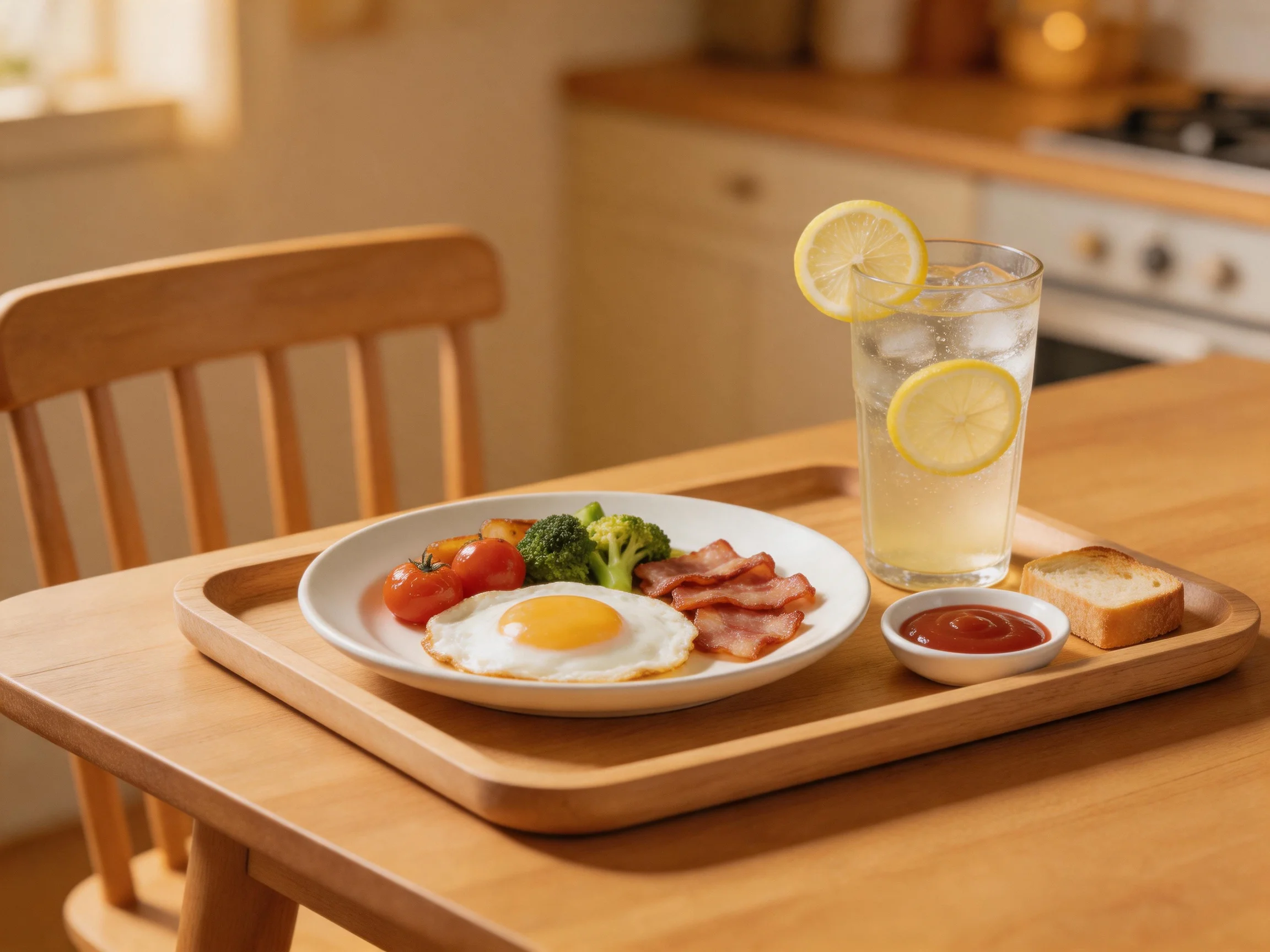 A wooden tray holds a breakfast spread with eggs, bacon, veggies, toast, and lemon water