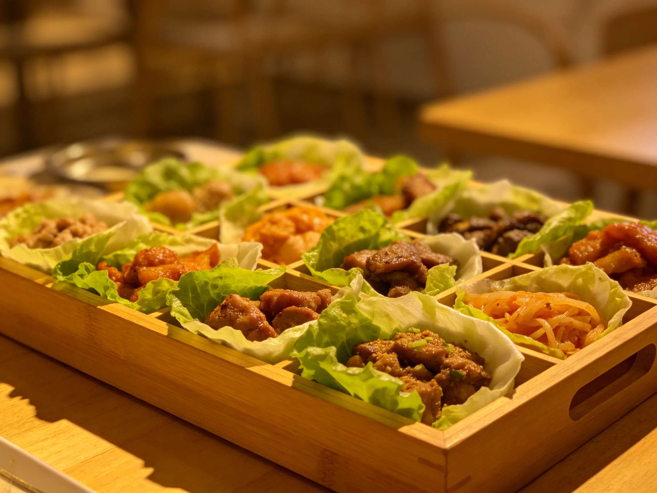 A wooden tray holds assorted savory dishes in lettuce cups, showcasing variety