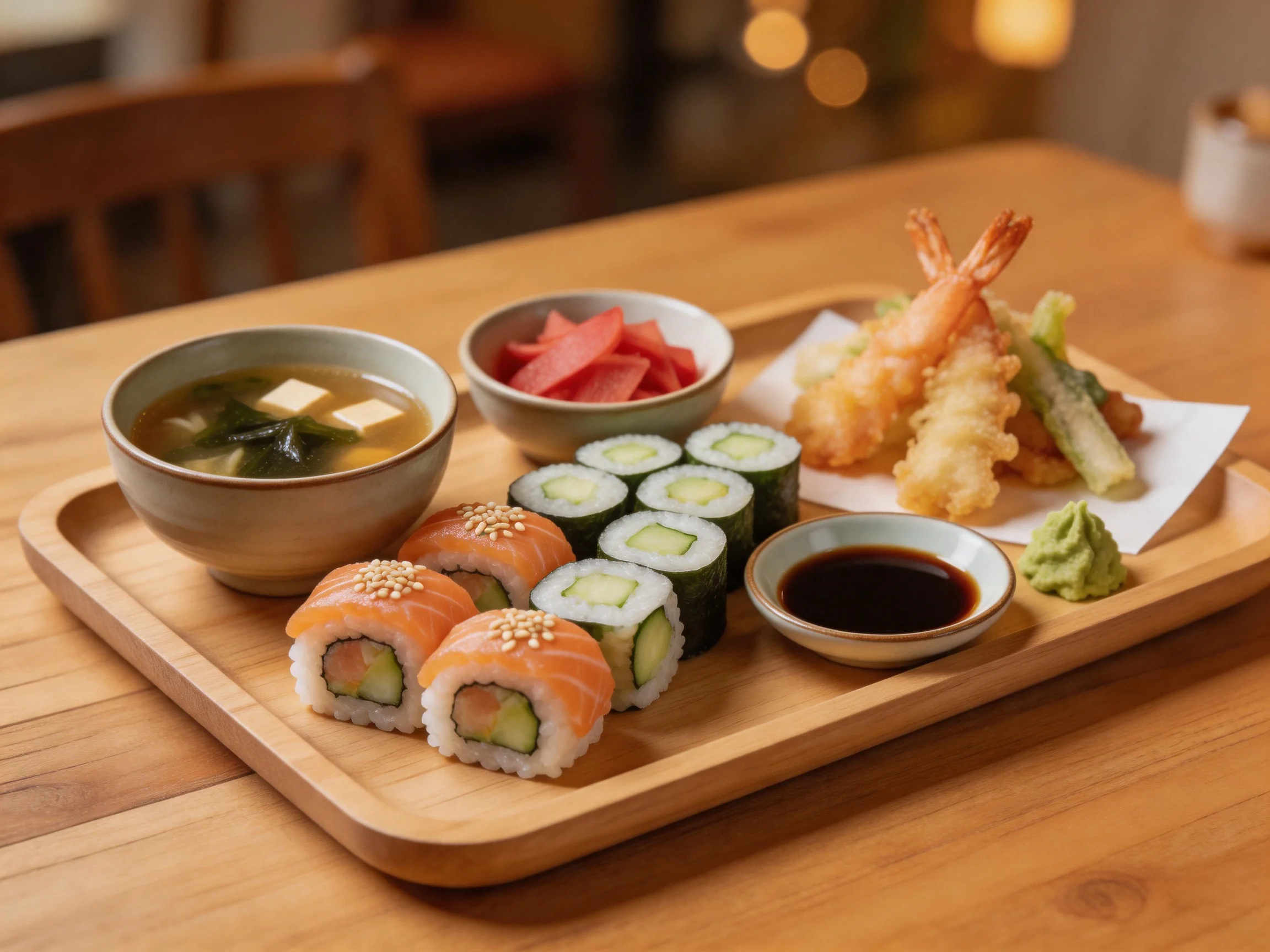 A wooden tray holds assorted sushi, tempura, and miso soup
