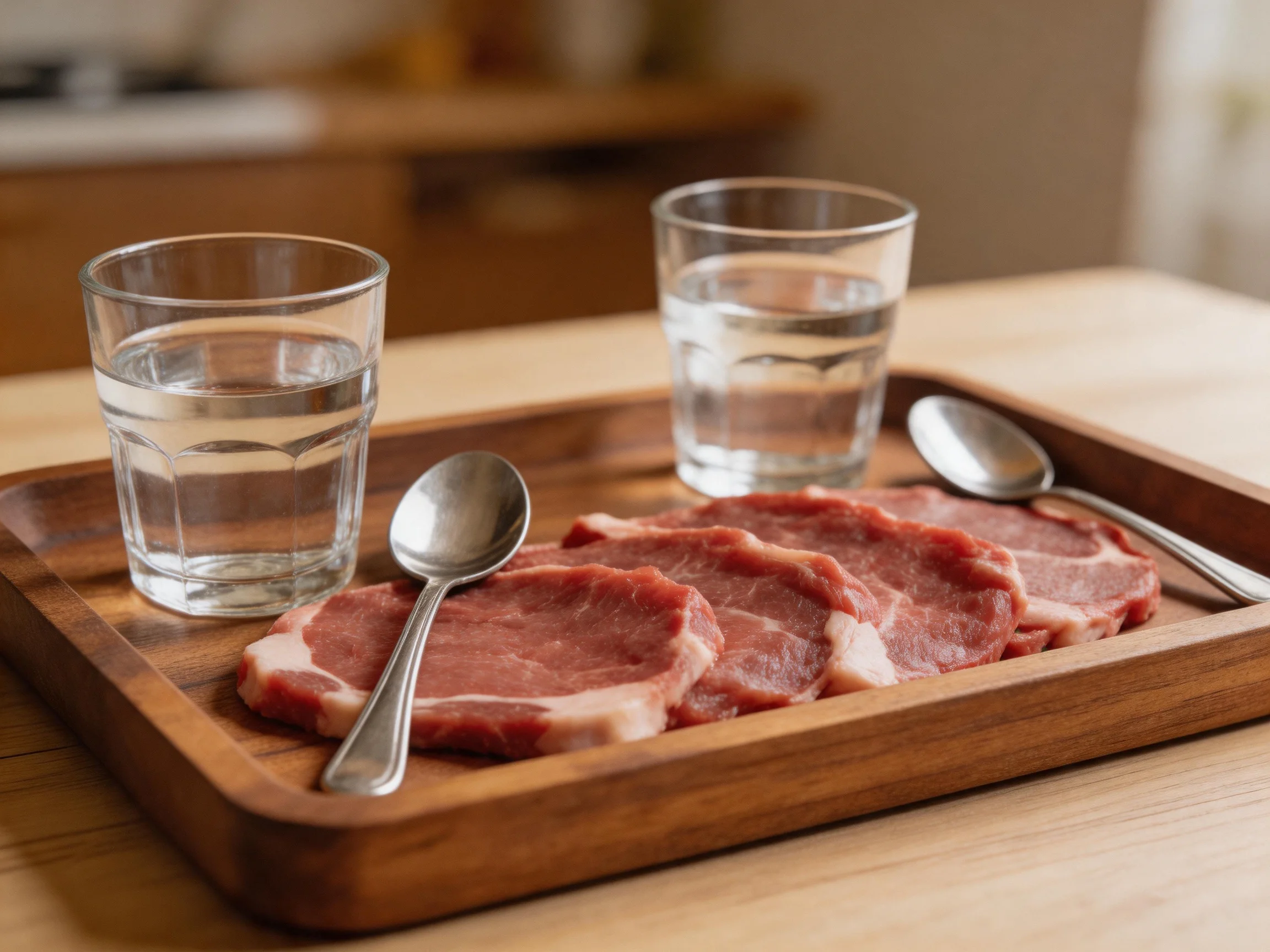 A wooden tray holds sliced red meat, two glass cups, and metal spoons.