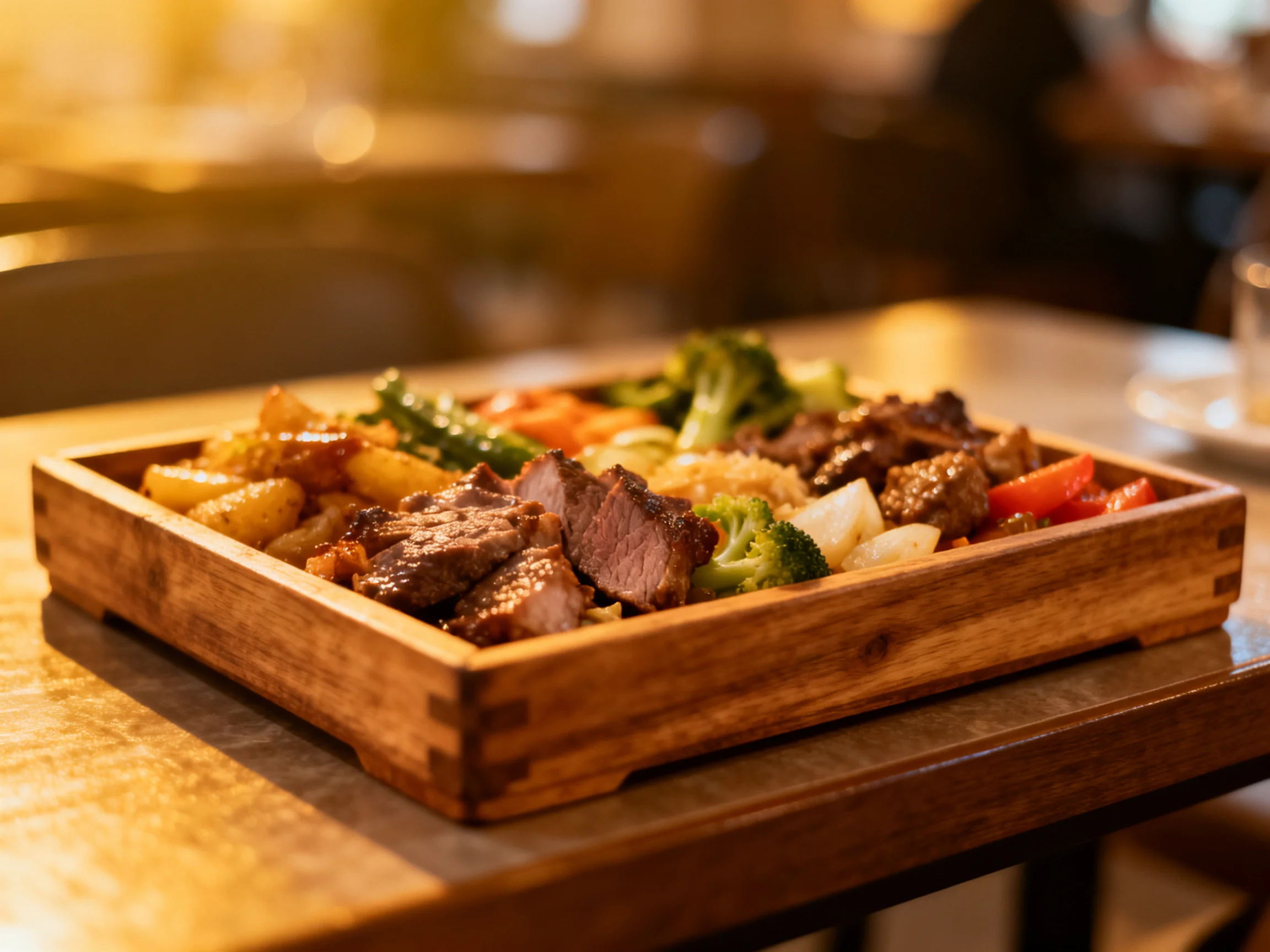 A wooden tray serves grilled meat, vegetables, and rice under warm lighting