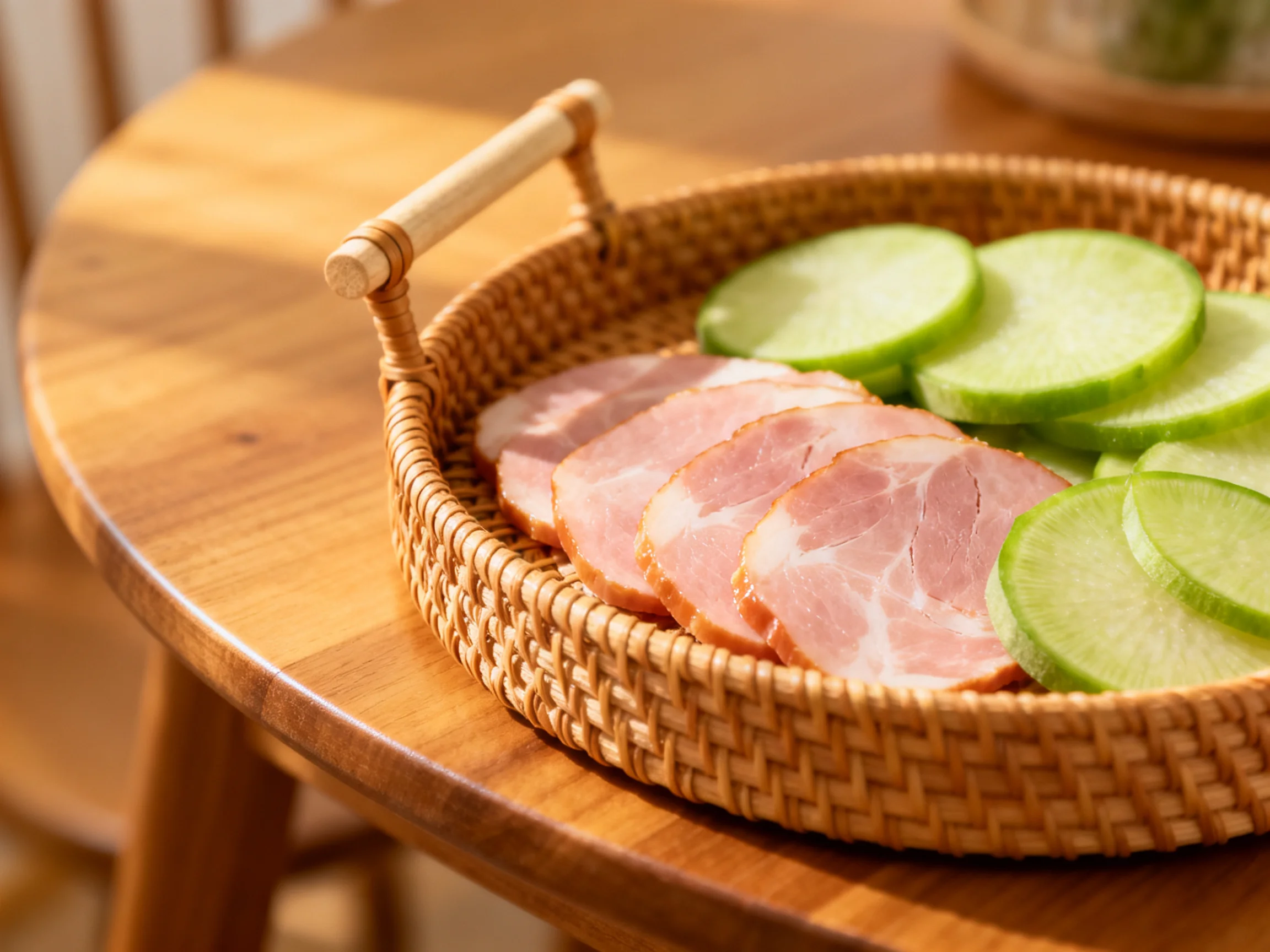 A woven wicker basket holds sliced ham and cucumber slices on a wooden table