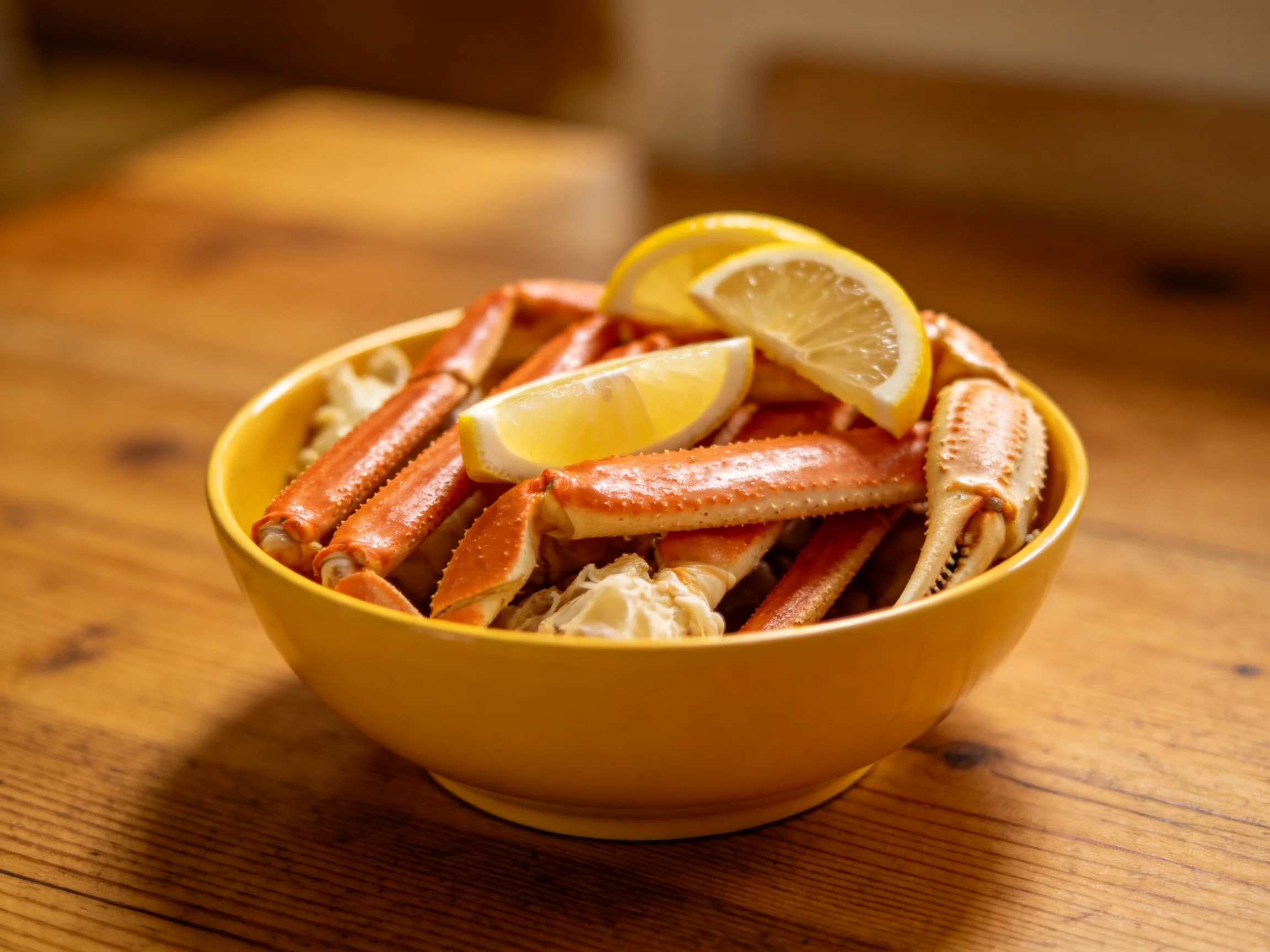 A yellow bowl filled with cooked crab claws and lemon wedges