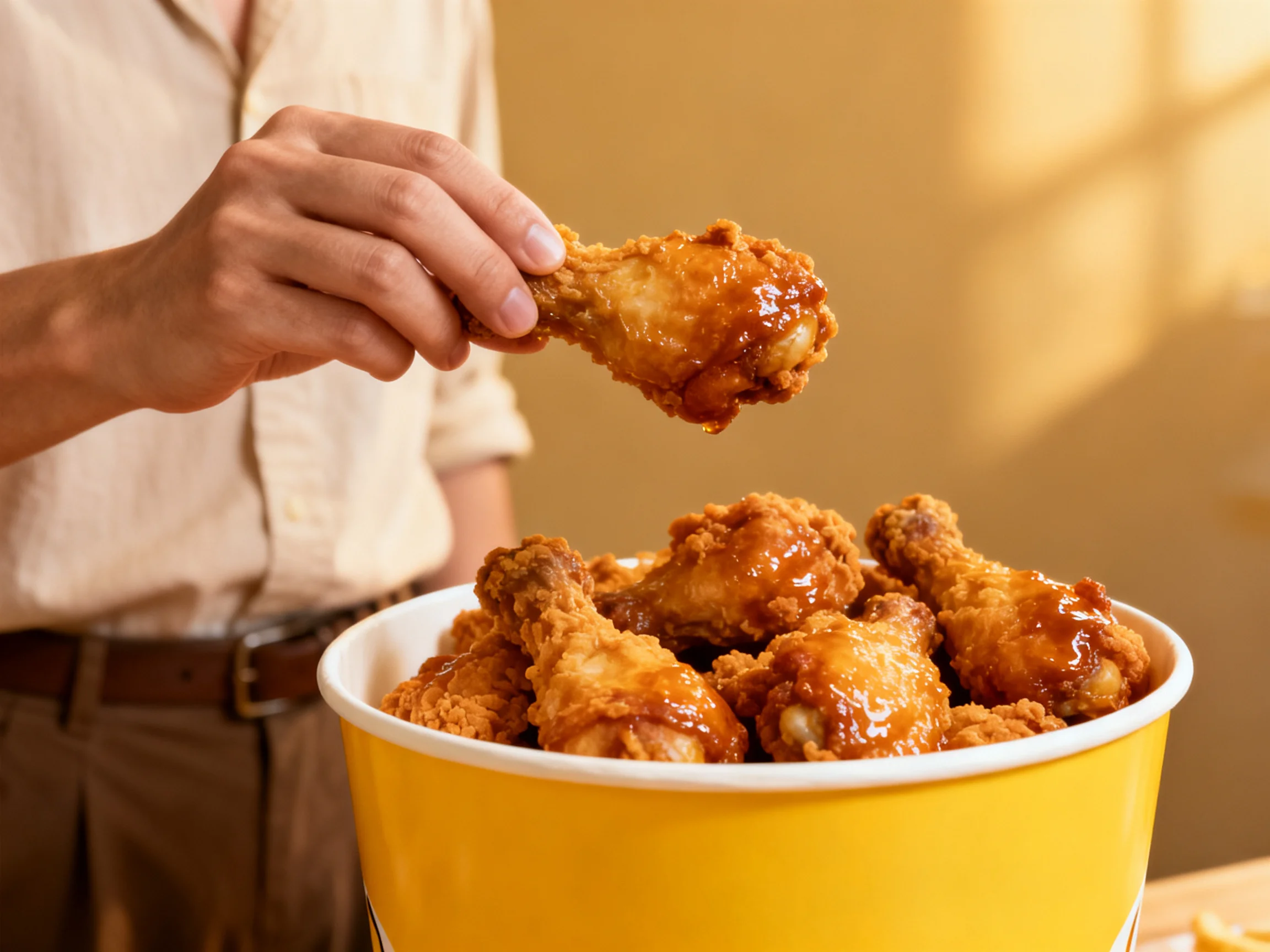 A yellow bucket filled with crispy golden-brown fried chicken wings