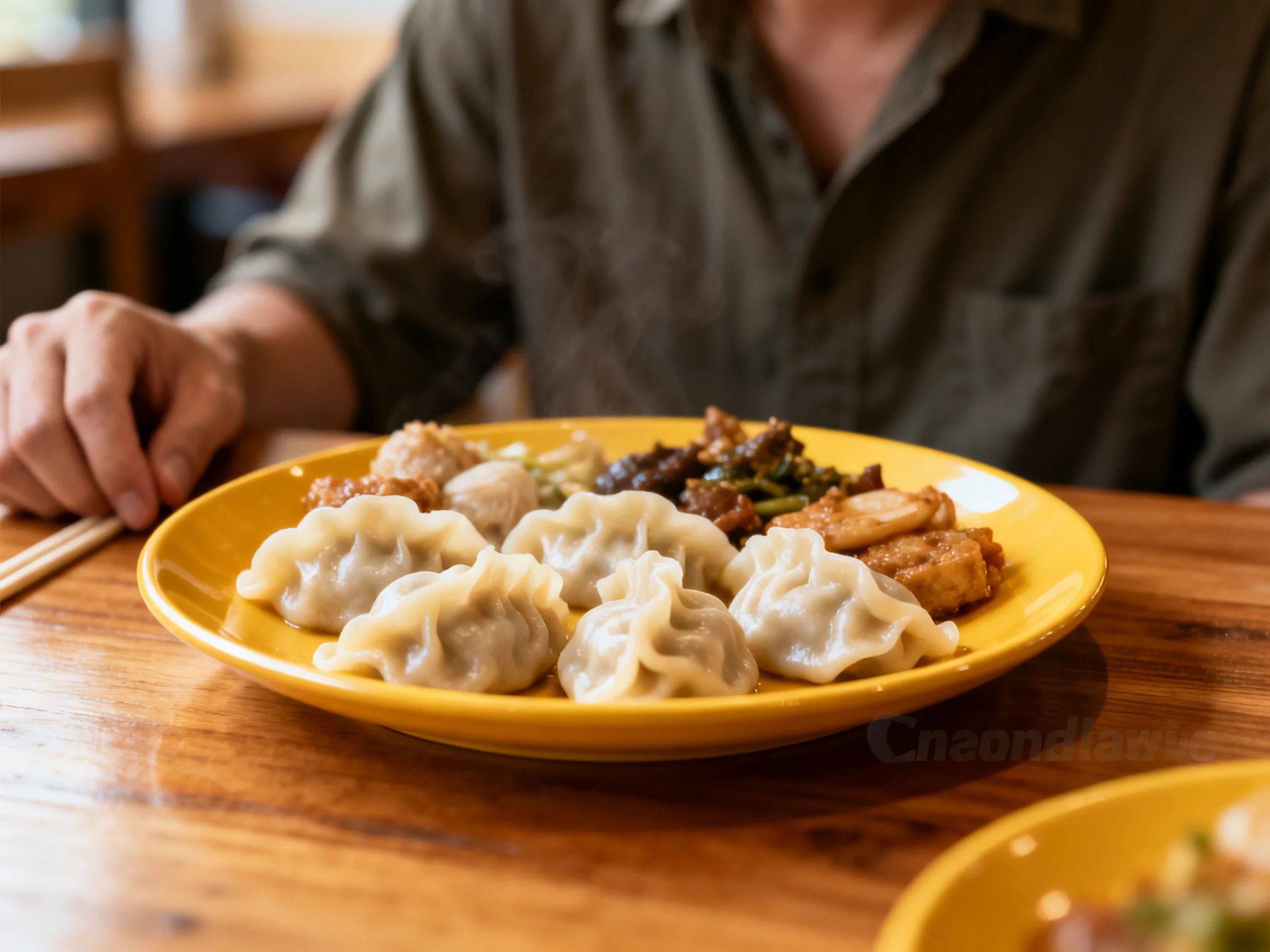 A yellow plate presents dumplings and assorted savory dishes beside a diner